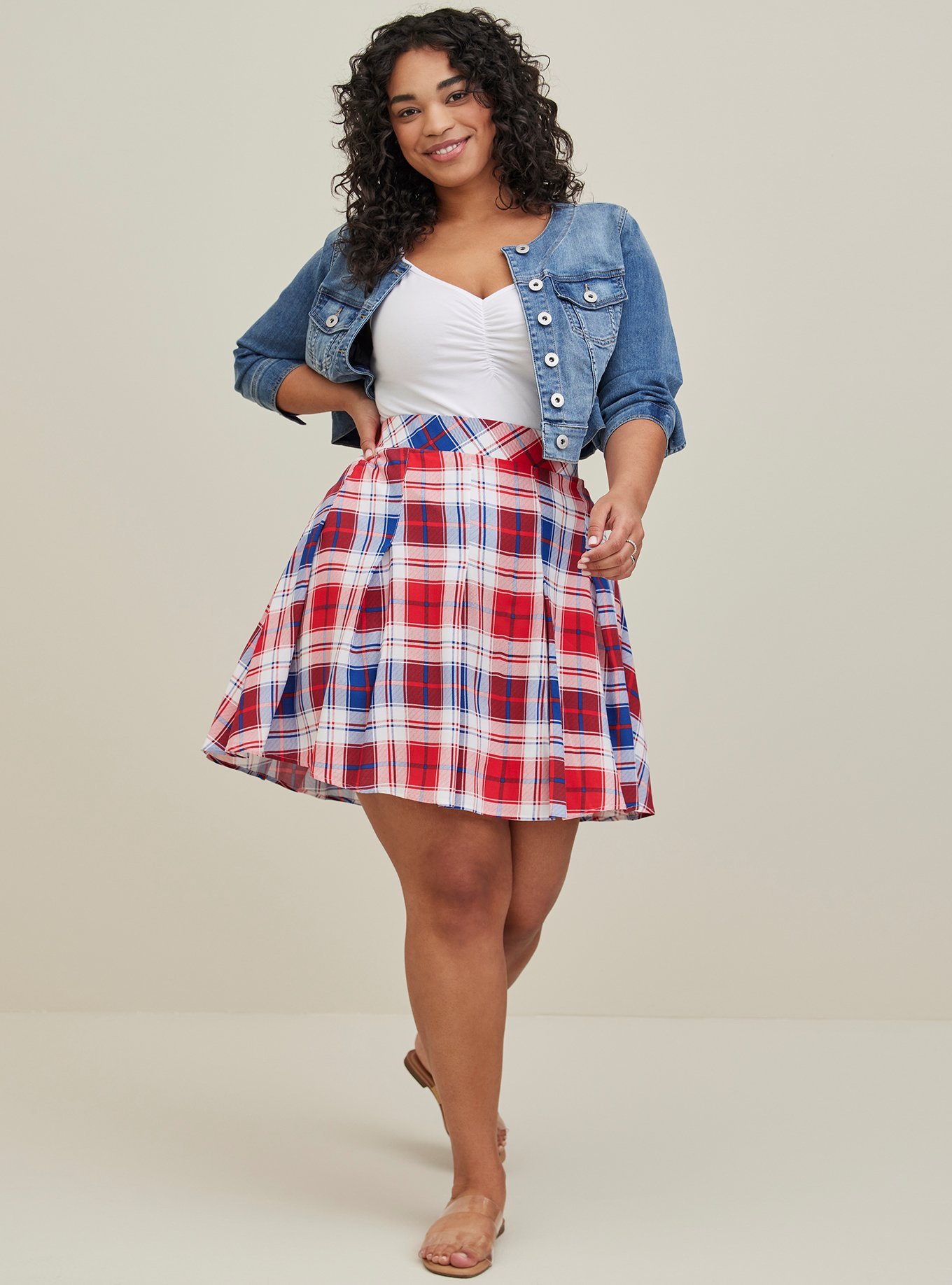 Plus Size - Pleated Skater Skirt - Challis Plaid Blue & Red - Torrid