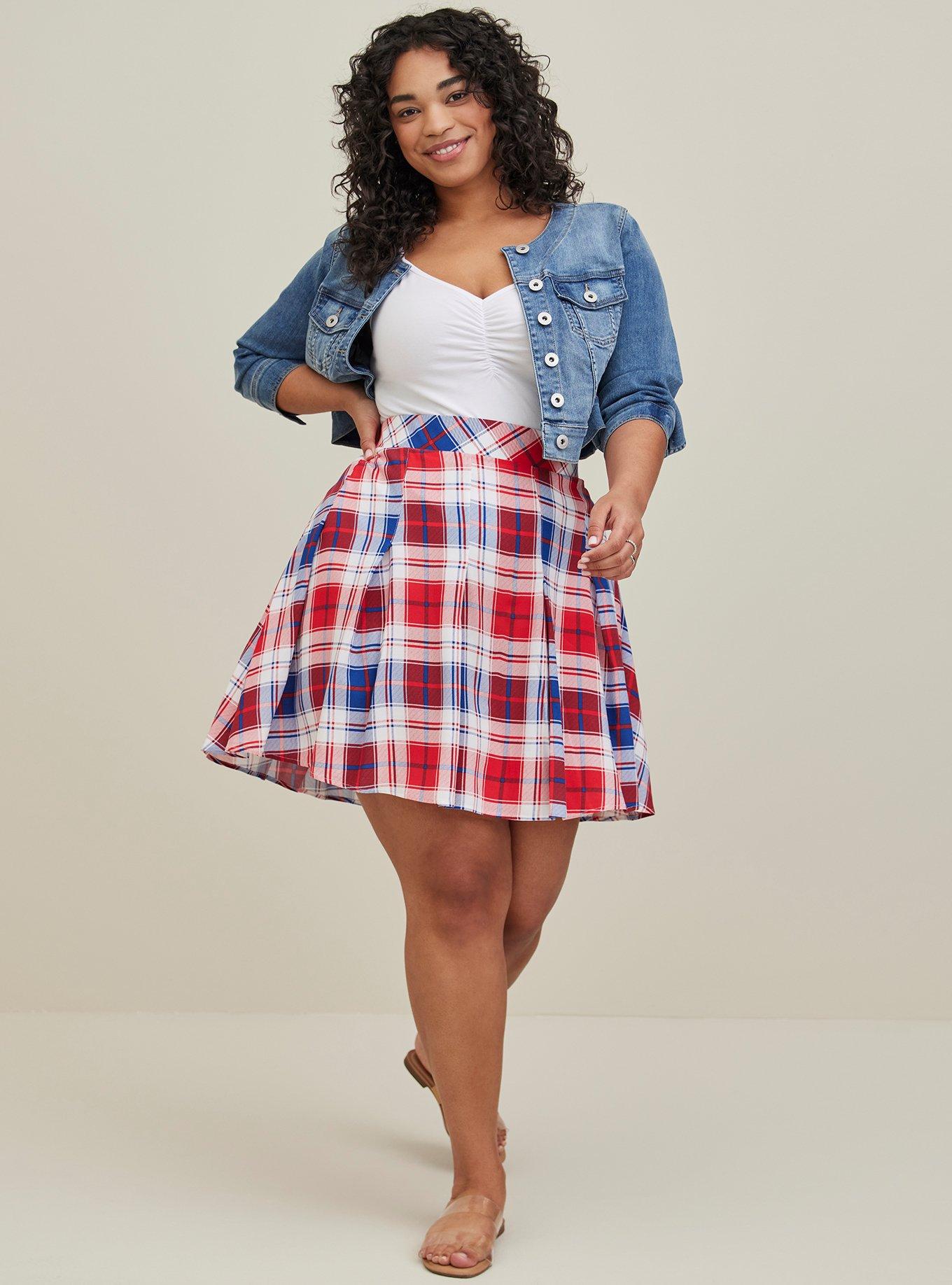 Plus Size - Pleated Skater Skirt - Challis Plaid Blue & Red - Torrid