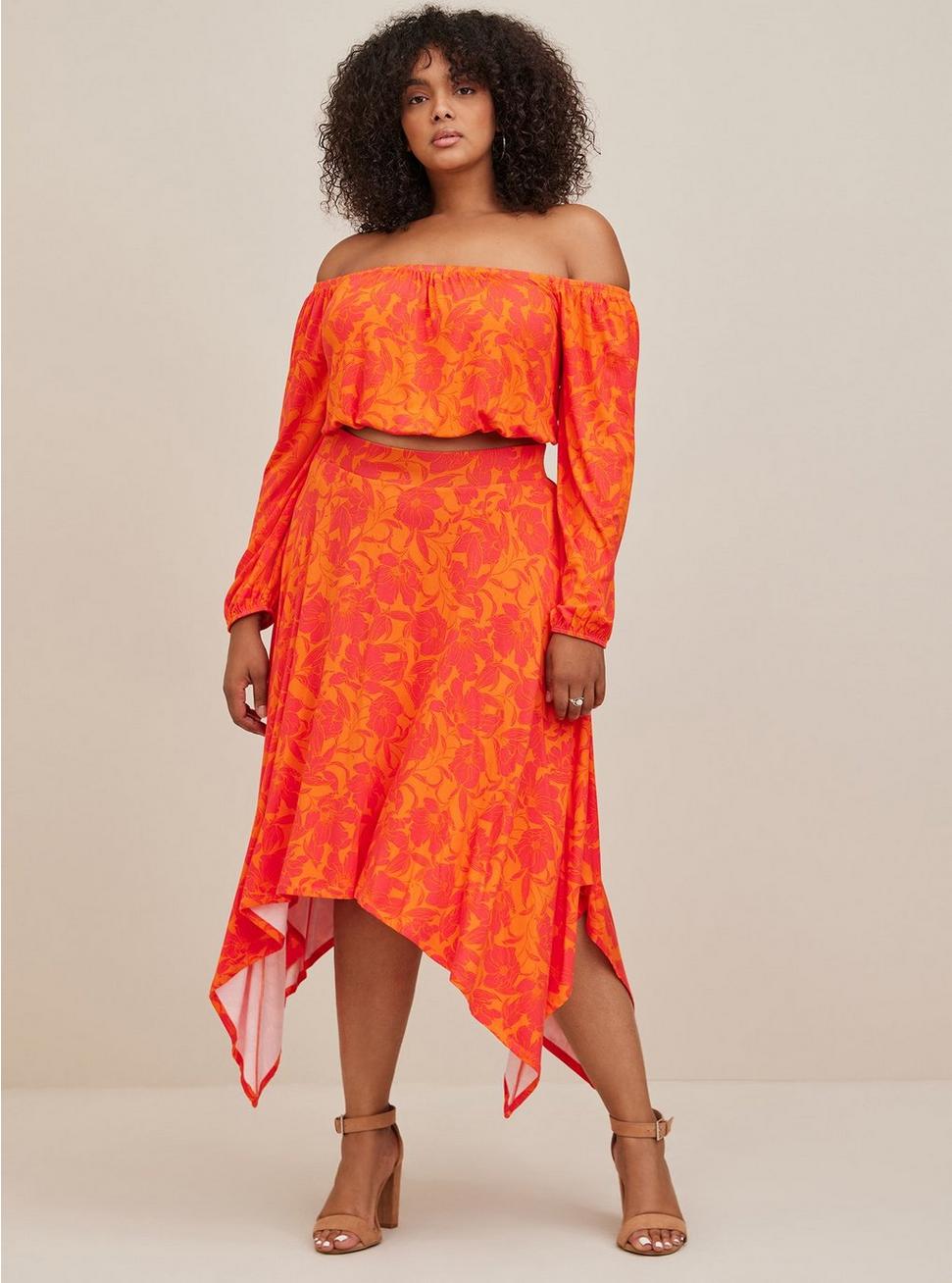 Handkerchief Hem Maxi Skirt - Super Soft Floral Orange, FLORAL ORANGE, hi-res