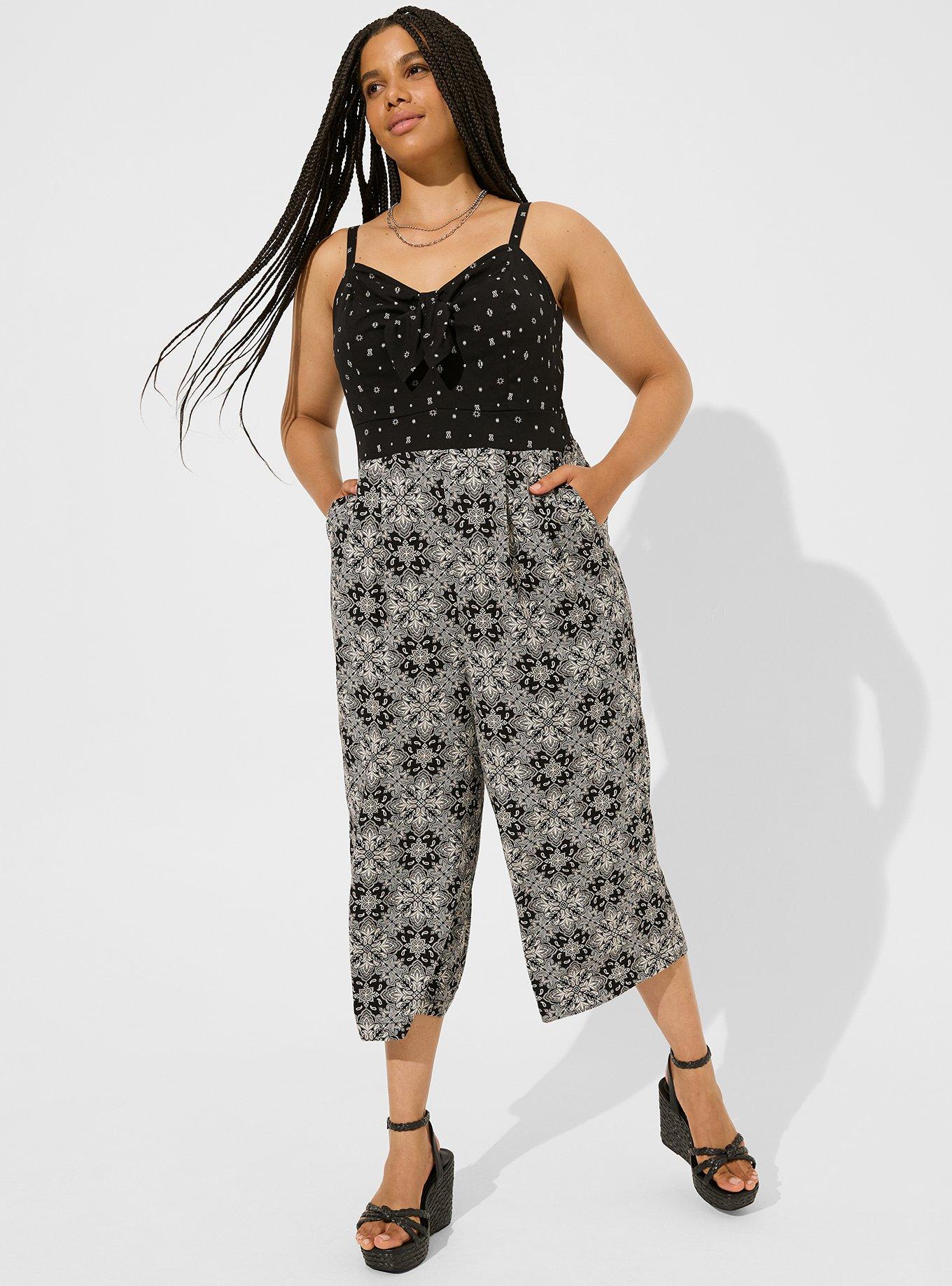 Plus Size - Tie Front Culotte Jumpsuit - Stretch Challis Black