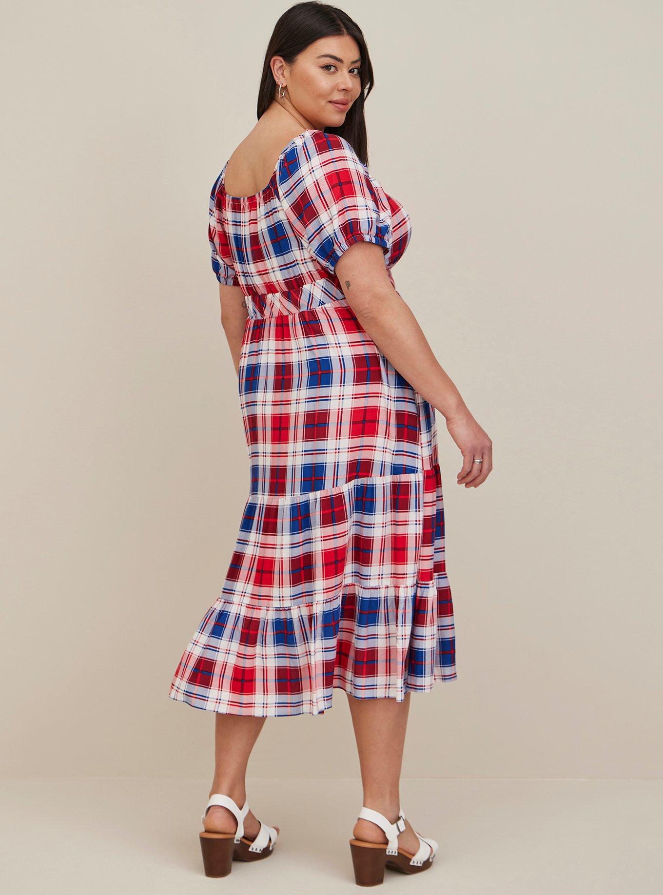 Plus Size - Puff Sleeve Tiered Maxi Dress - Challis Plaid Red & Blue -  Torrid