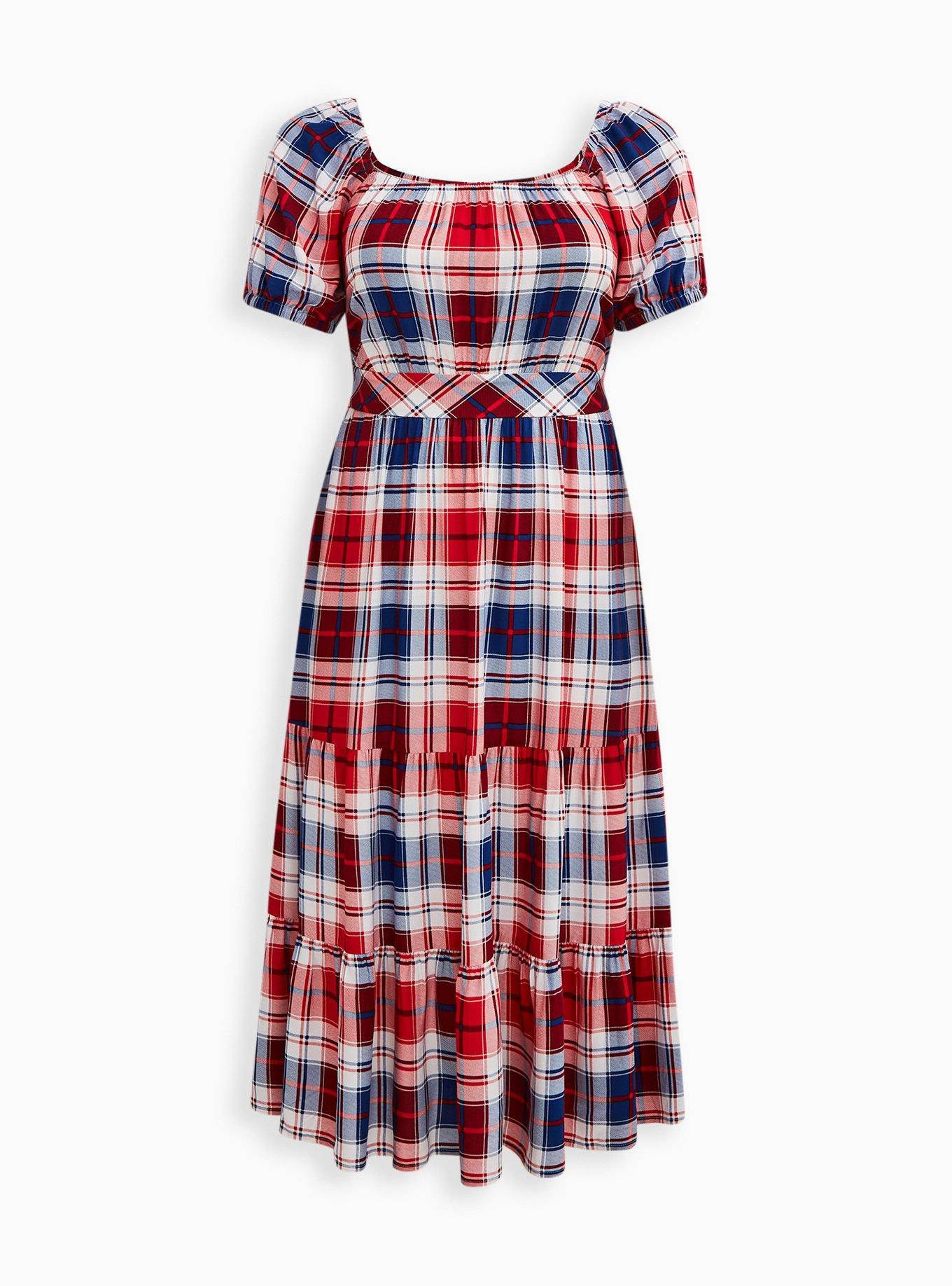 Plus Size - Puff Sleeve Tiered Maxi Dress - Challis Plaid Red & Blue -  Torrid