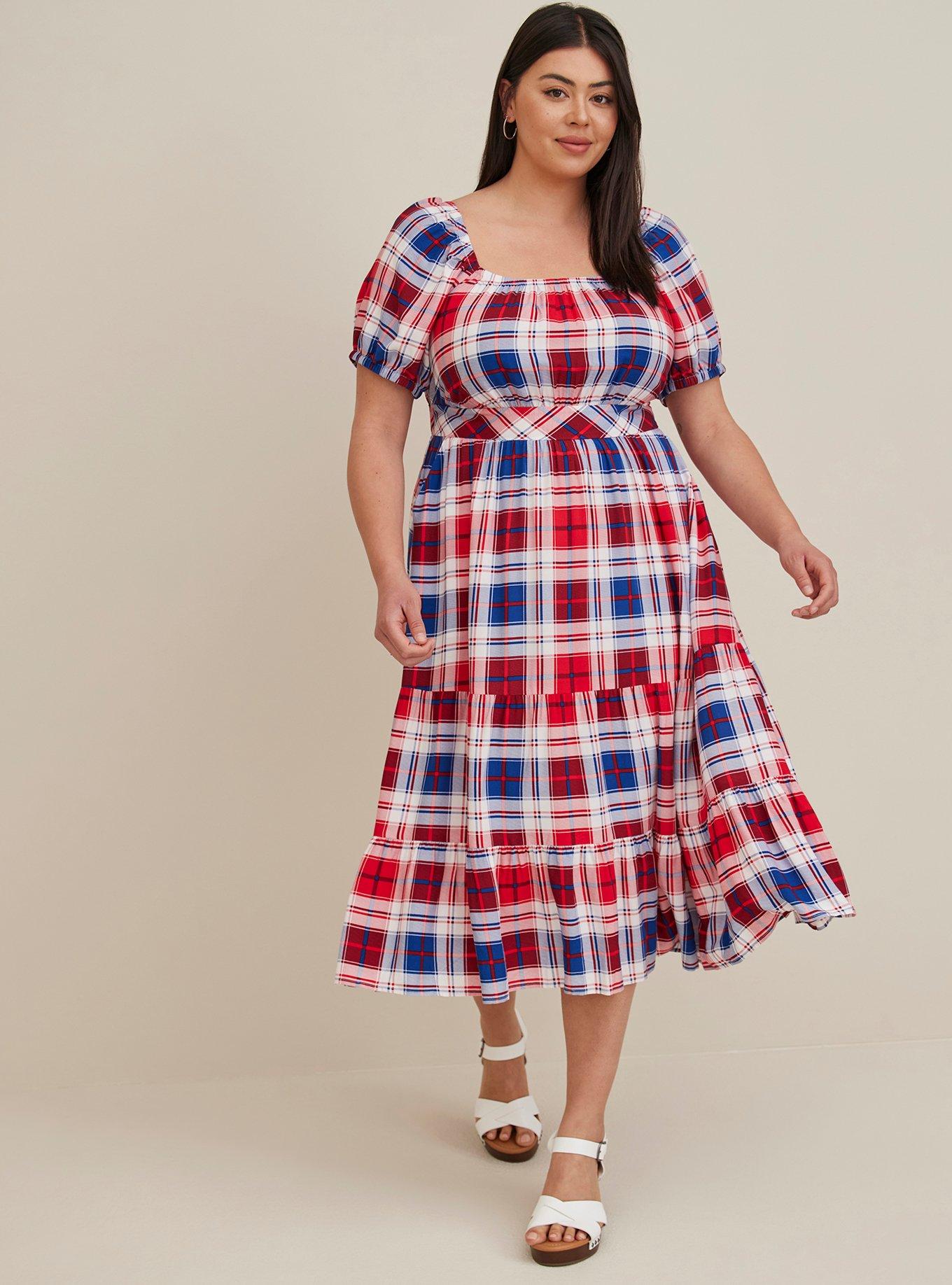 Plus Size - Puff Sleeve Tiered Maxi Dress - Challis Plaid Red