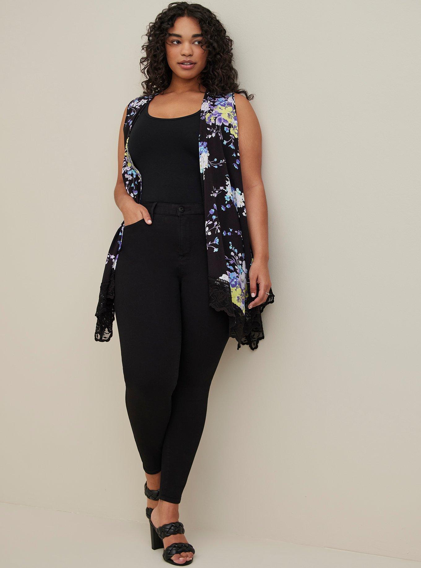 Lace Trim Vest - Textured Stretch Rayon Floral Black, FLORAL BLACK, alternate