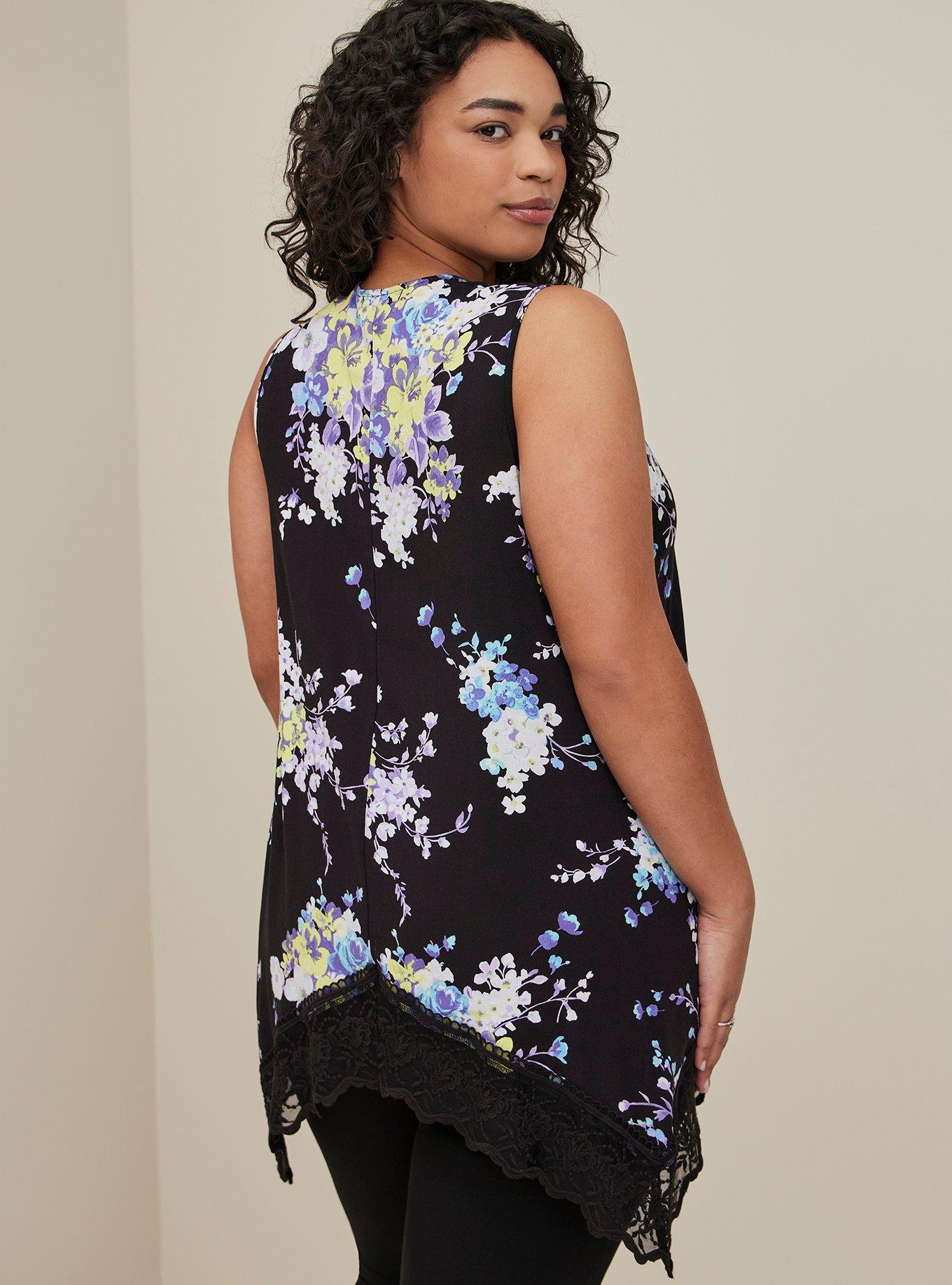 Lace Trim Vest - Textured Stretch Rayon Floral Black, FLORAL BLACK, alternate