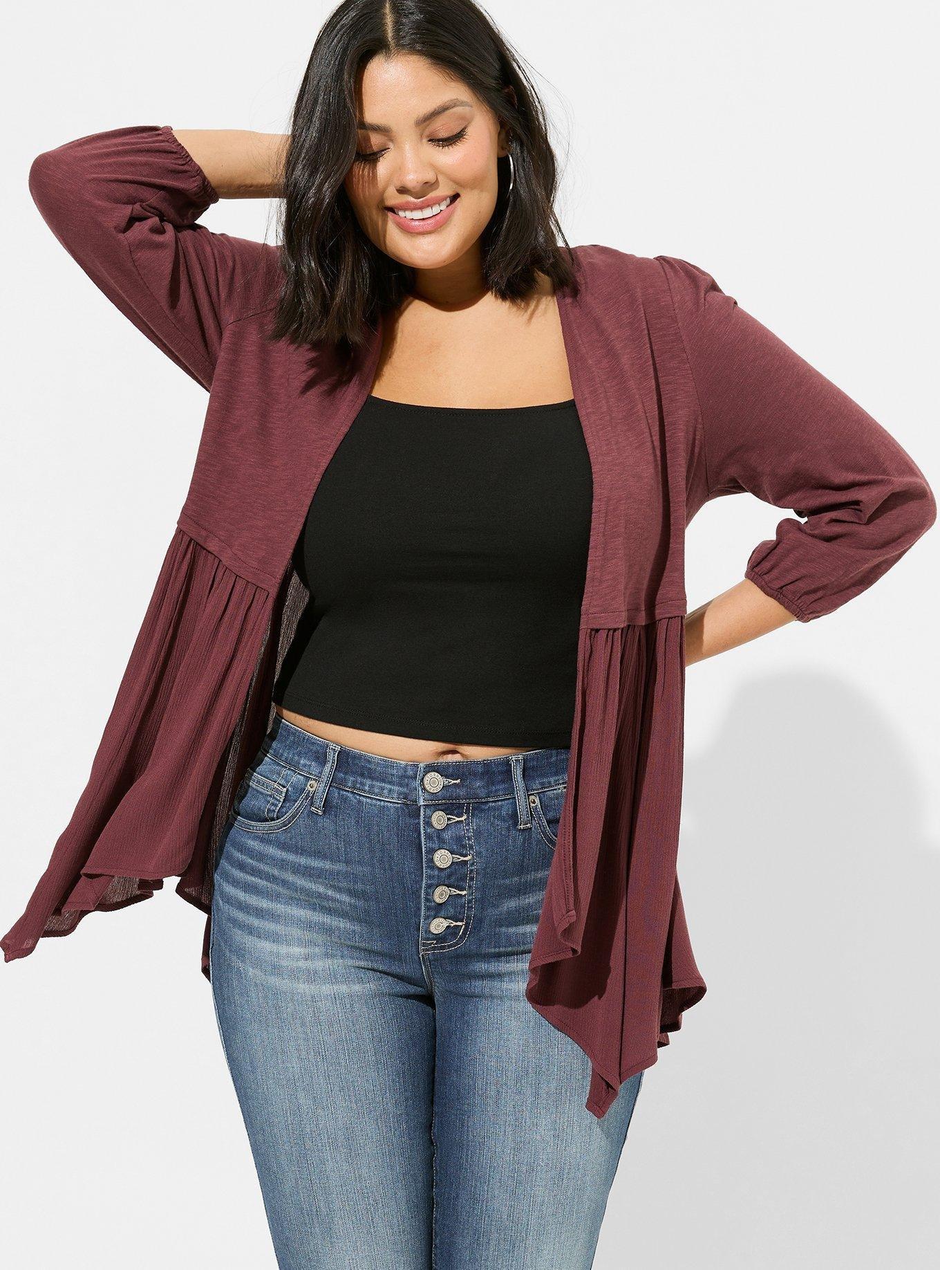 KIMONO FABRIC/KNIT TOPS （Plus Size - Fabric Mixed Hanky Hem 