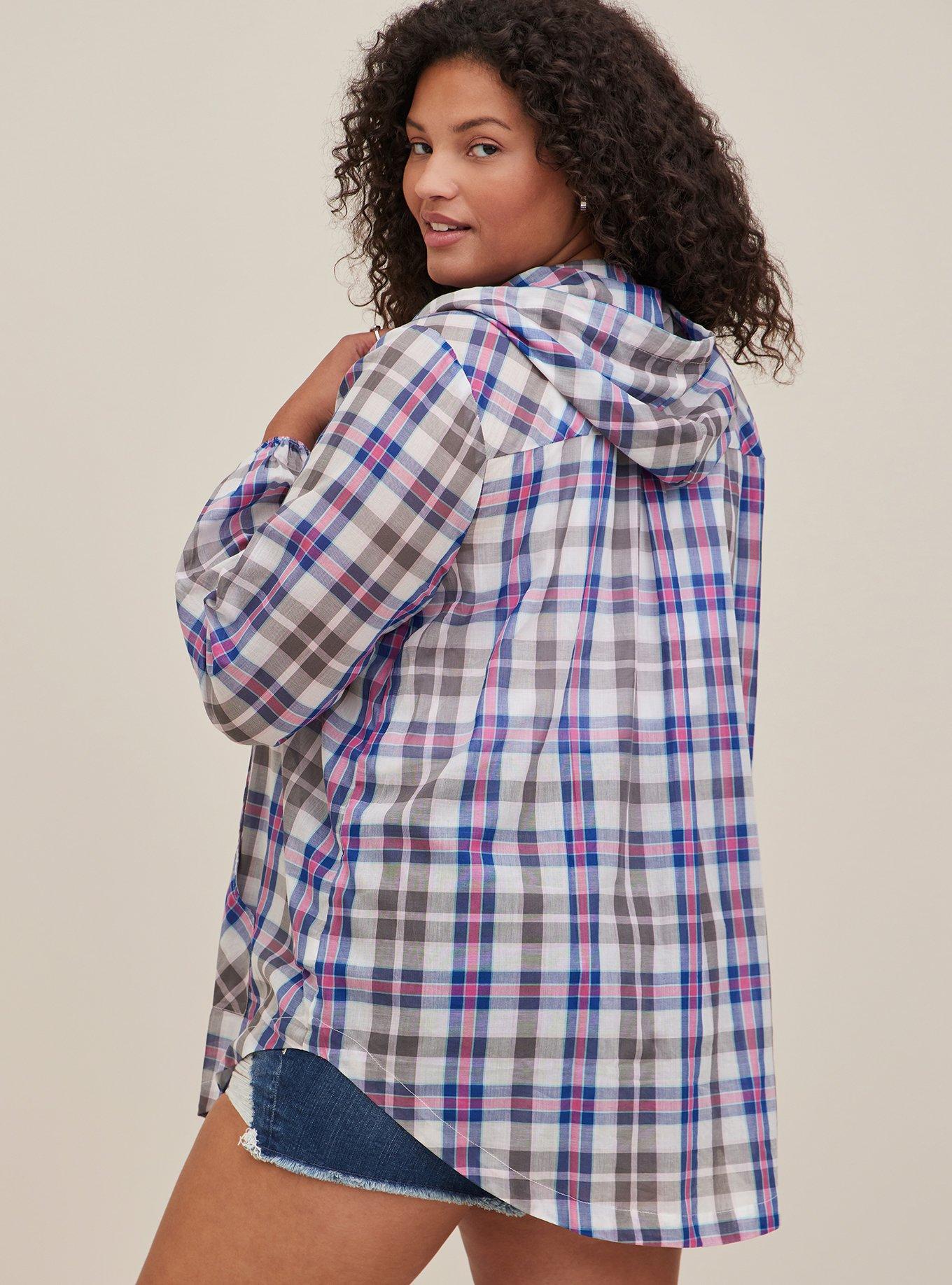 Plus Size - Long Line Zip Up Jacket - Voile Plaid Blue - Torrid