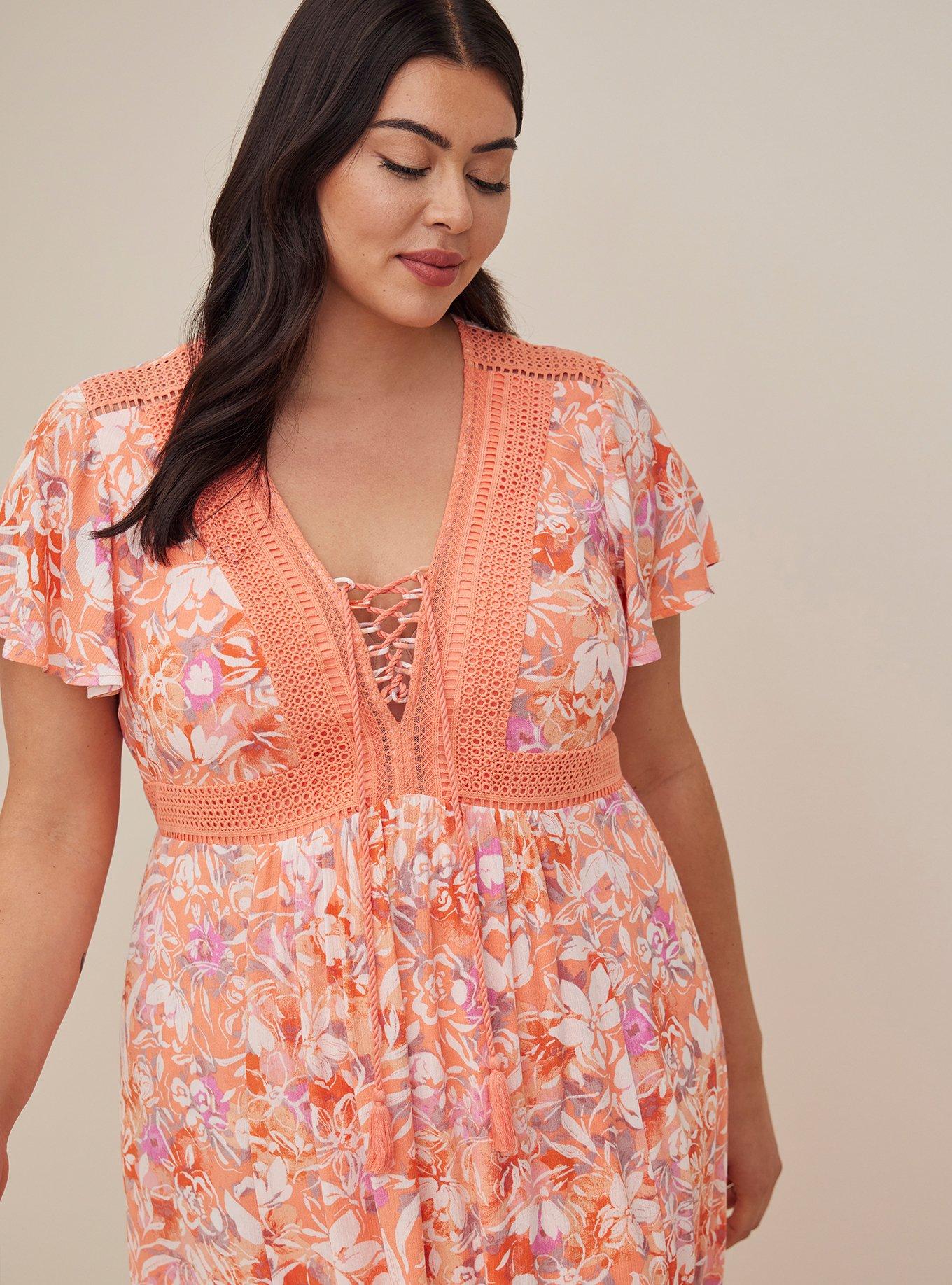 Plus Size - Lace Up Tea Length Dress - Crinkle Gauze Floral Coral - Torrid