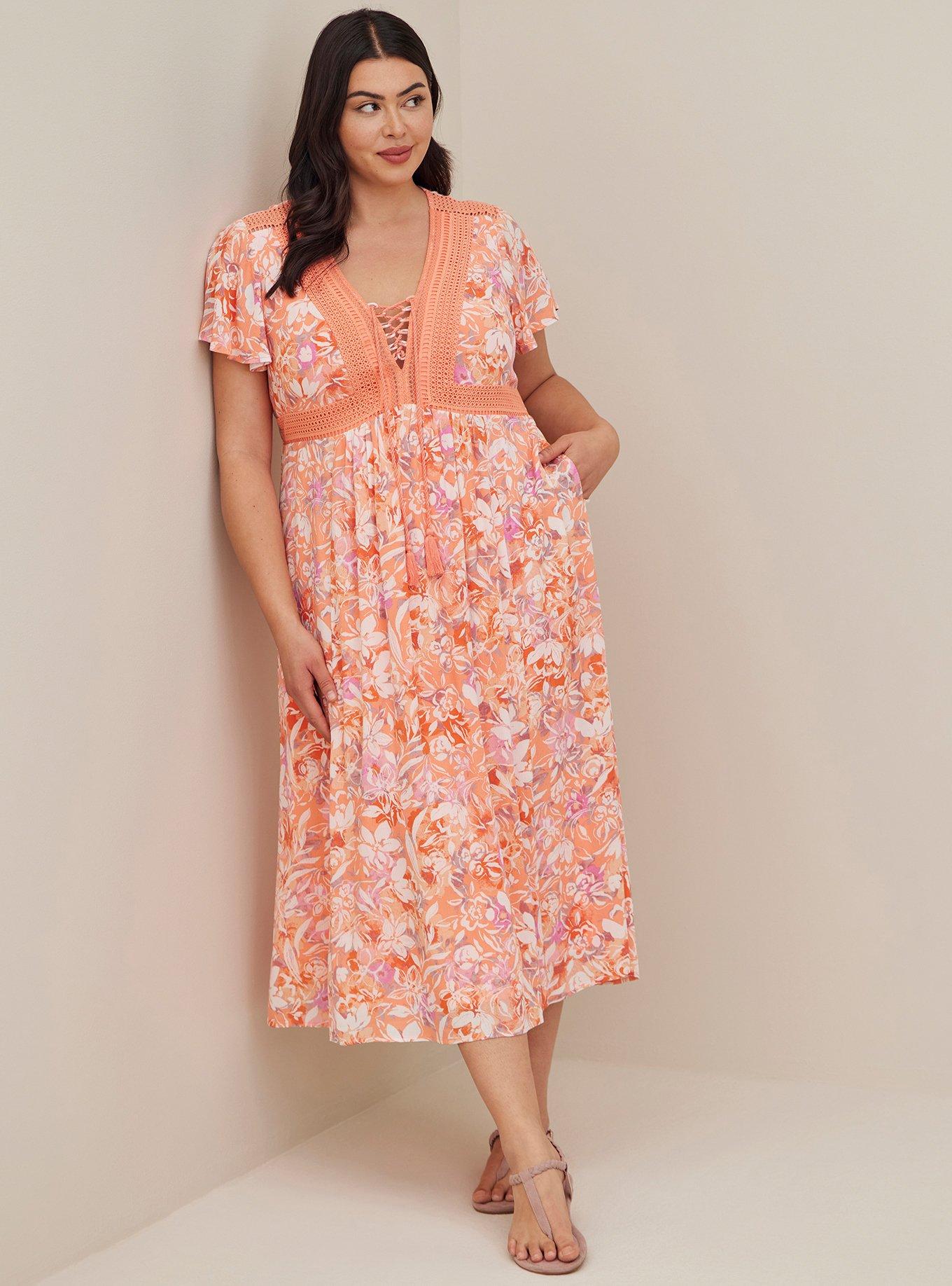 Plus Size - Lace Up Tea Length Dress - Crinkle Gauze Floral Coral