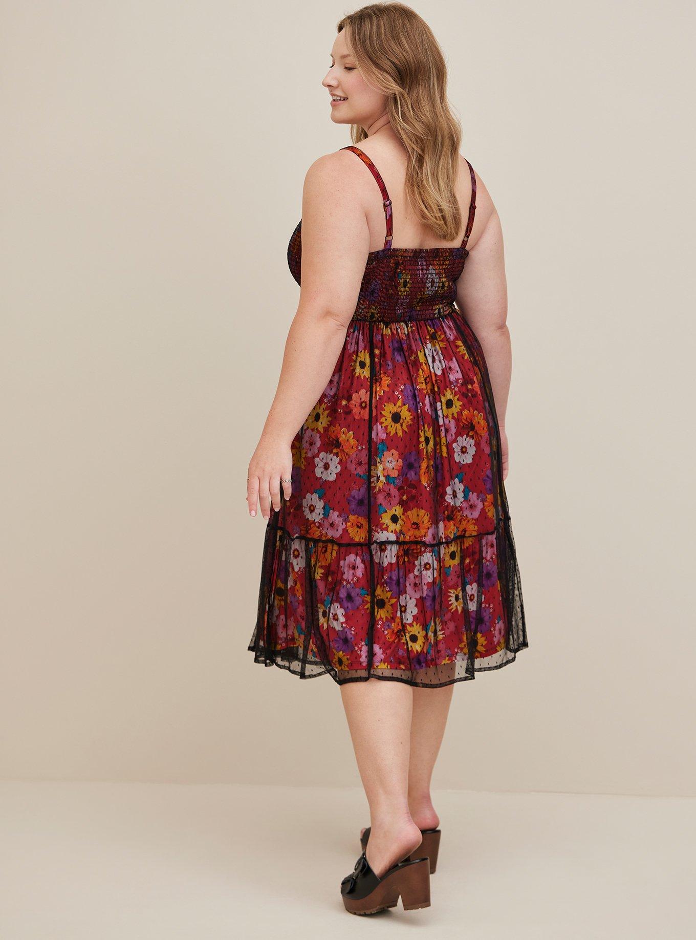 Plus Size - Smocked Tiered Midi Dress - Swiss Dot Mesh Floral Red - Torrid