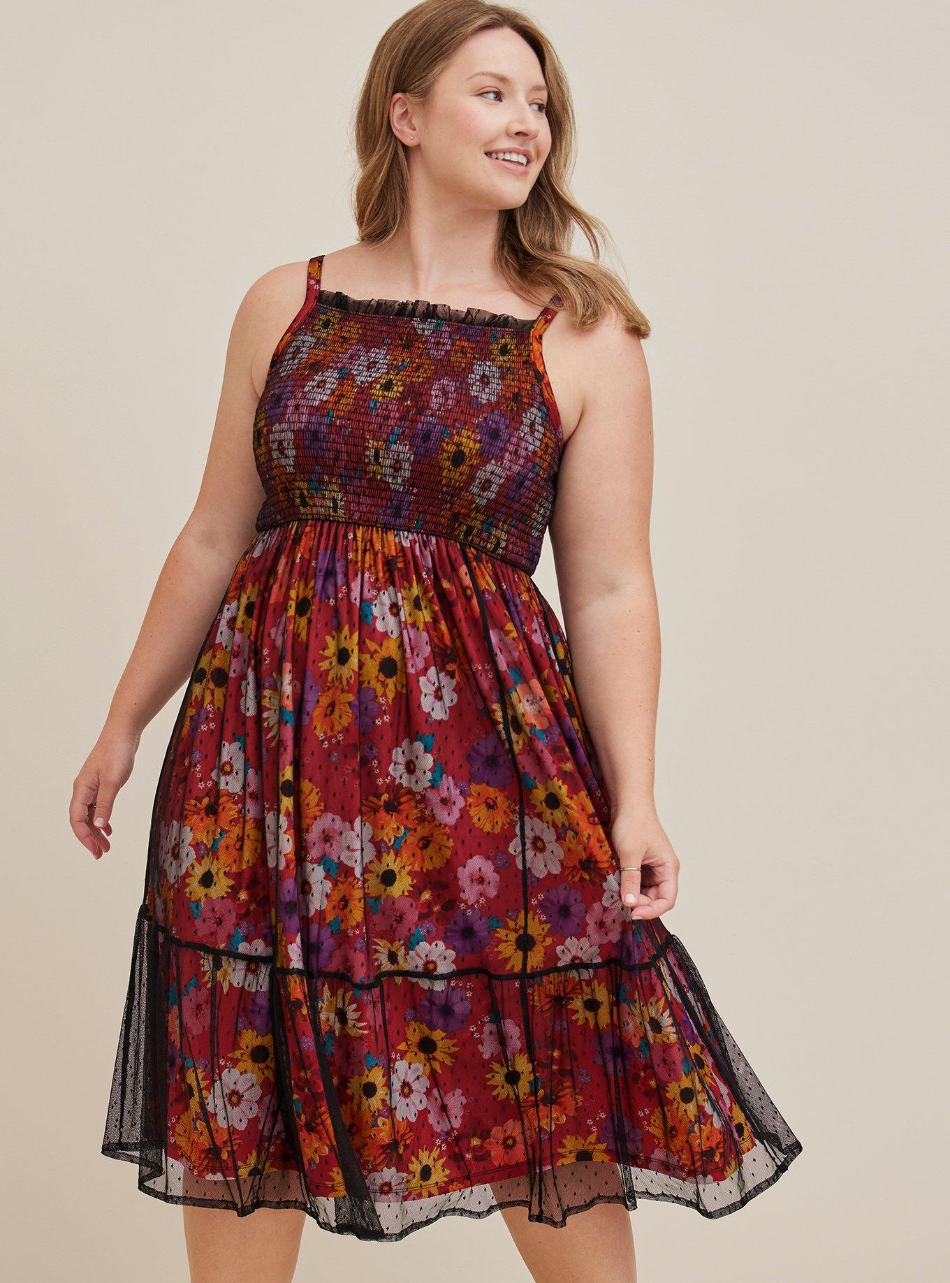 Plus Size Smocked Tiered Midi Dress - Swiss Dot Mesh Floral Red, , hi-res