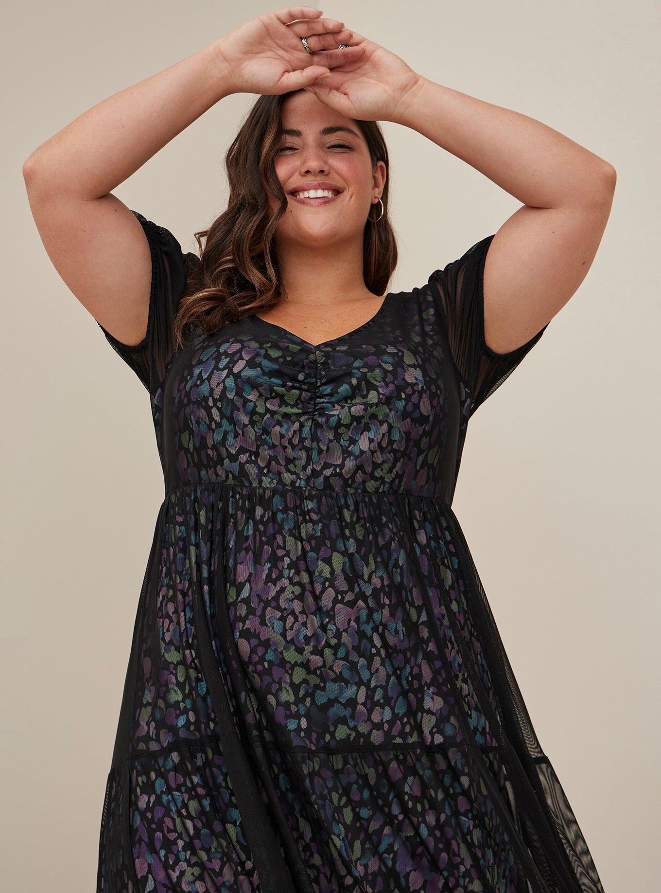 Plus Size Tiered Midi Dress Soft Mesh Spotted Black Torrid