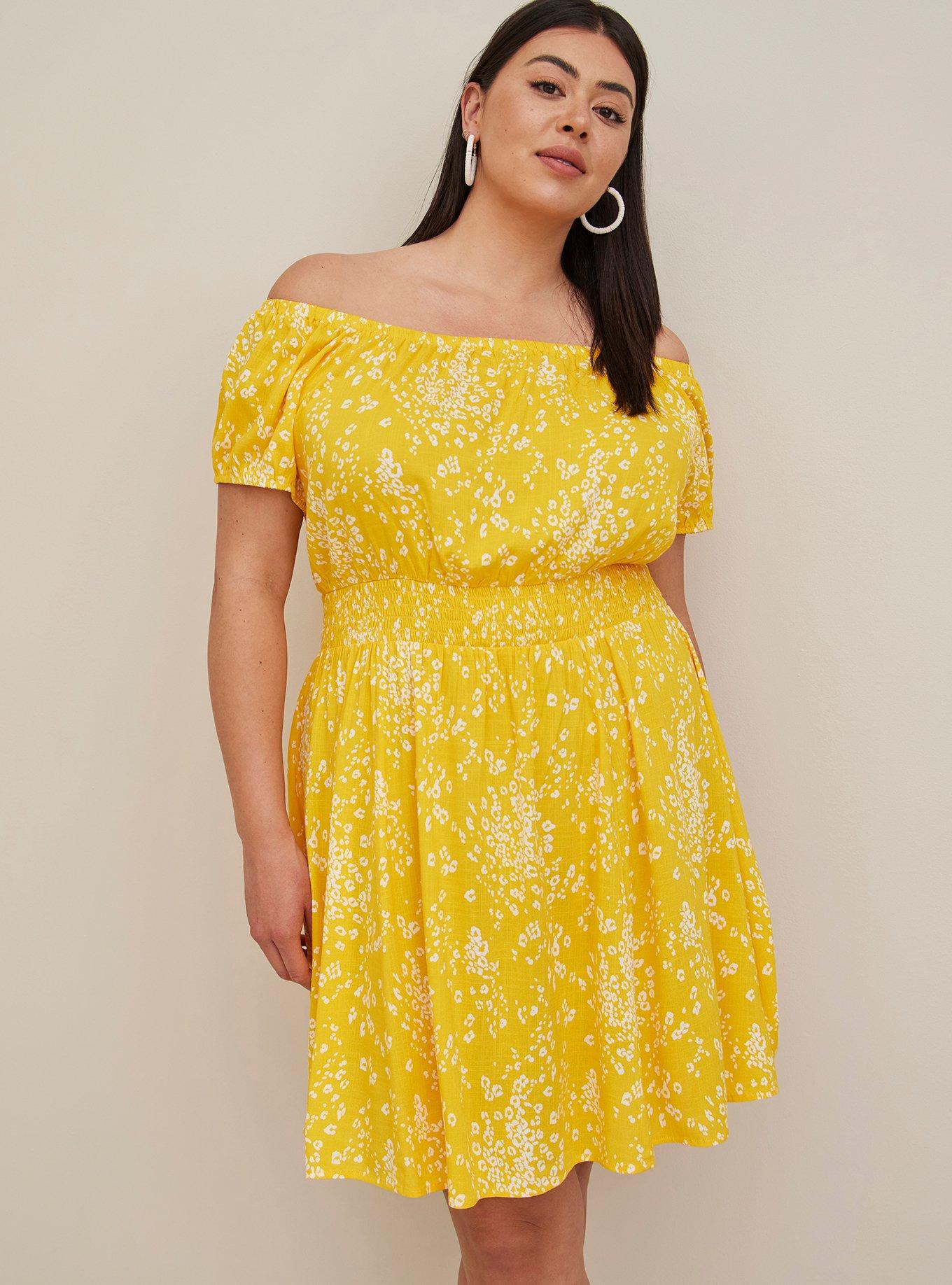 Plus Size Mini Lenny Smocked Off-Shoulder Dress, LEOPARD YELLOW, alternate