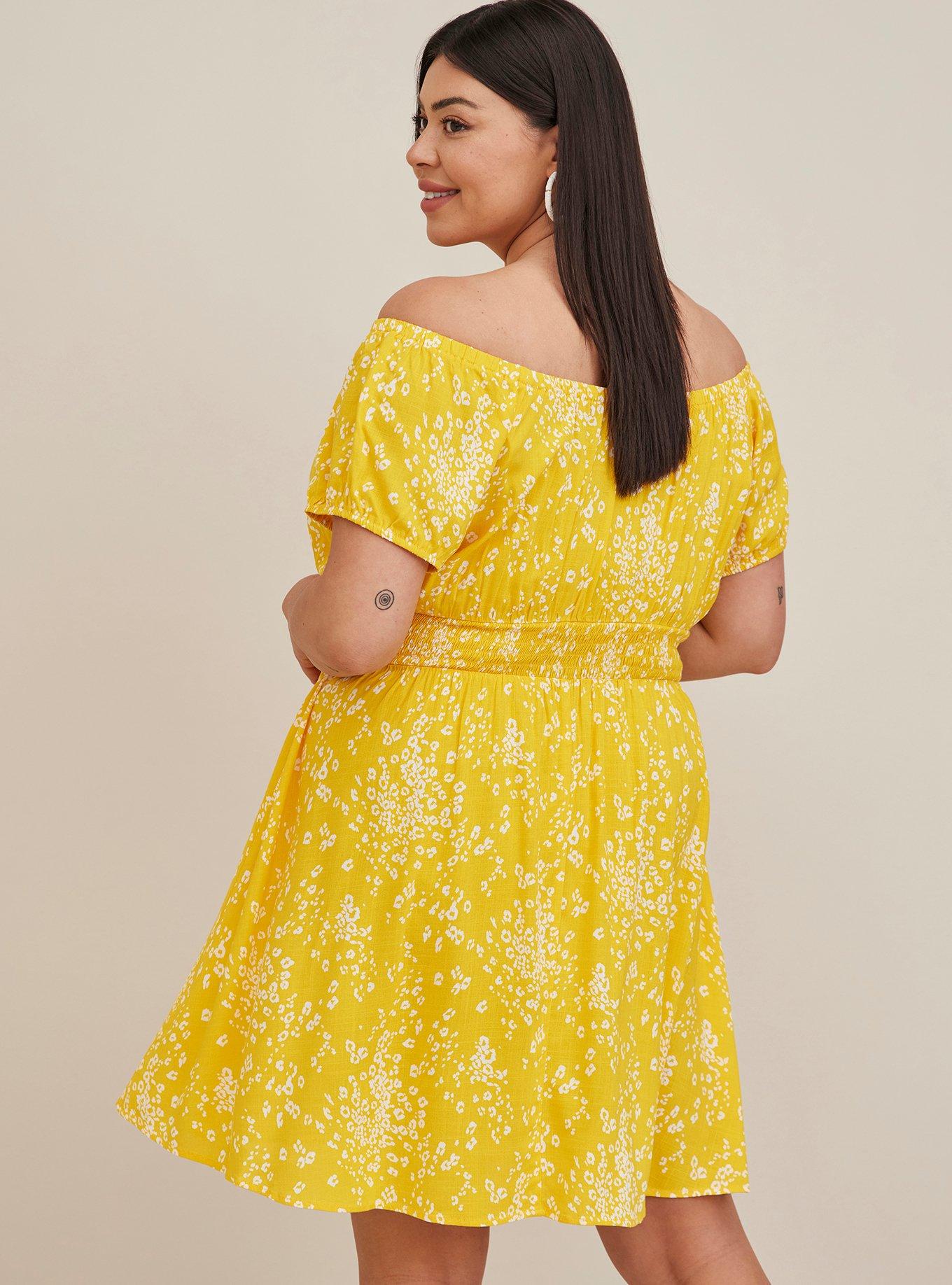 Plus Size Mini Lenny Smocked Off-Shoulder Dress, LEOPARD YELLOW, alternate