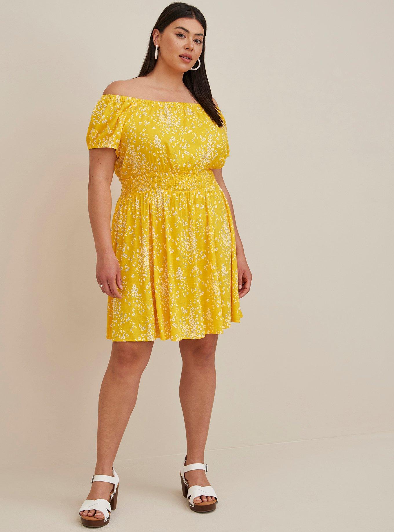 Plus Size Mini Lenny Smocked Off-Shoulder Dress, LEOPARD YELLOW, alternate
