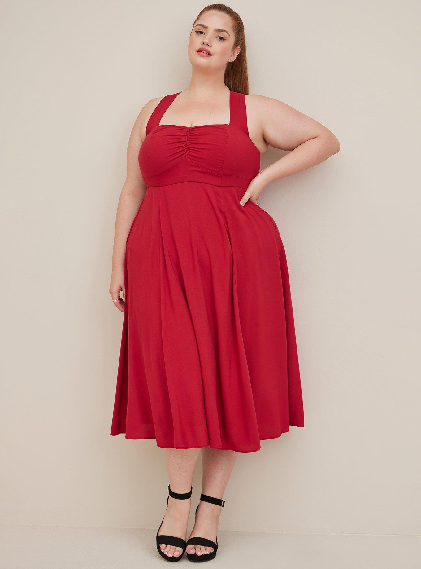 Plus Size - Retro Halter Midi Swing Dress - Challis Red - Torrid