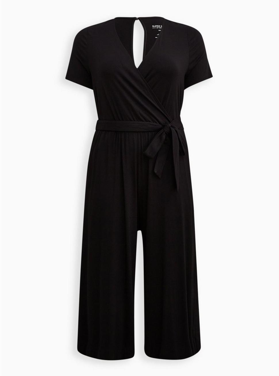Plus Size Surplice Culotte Jumpsuit - Super Soft Black, DEEP BLACK, hi-res