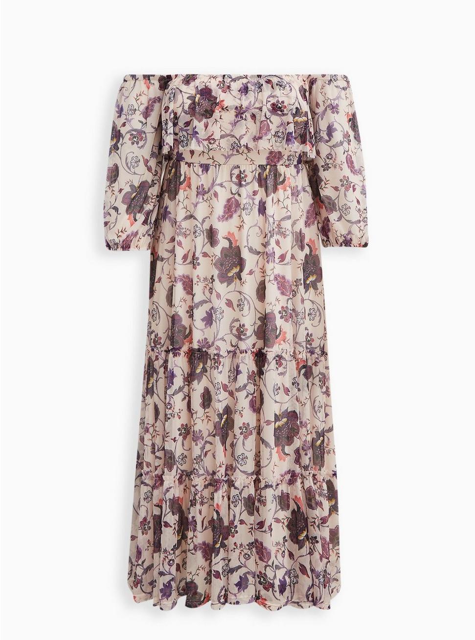 Off Shoulder Puff Sleeve Tiered Maxi Dress - Mesh Floral Grey & Purple, FLORAL GREY, hi-res