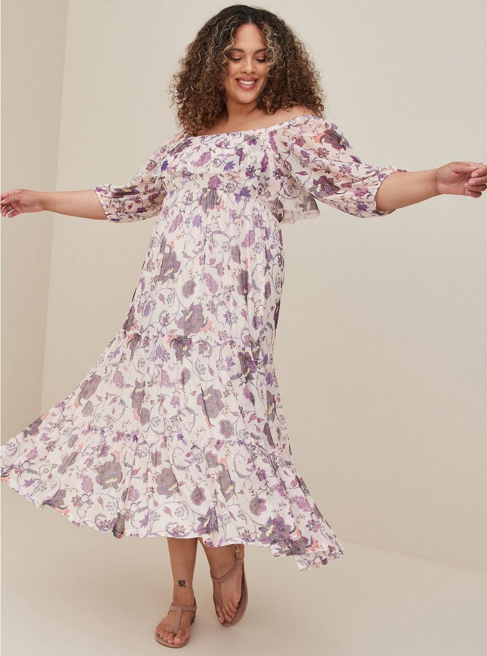 Off Shoulder Puff Sleeve Tiered Maxi Dress - Mesh Floral Grey & Purple, FLORAL GREY, hi-res