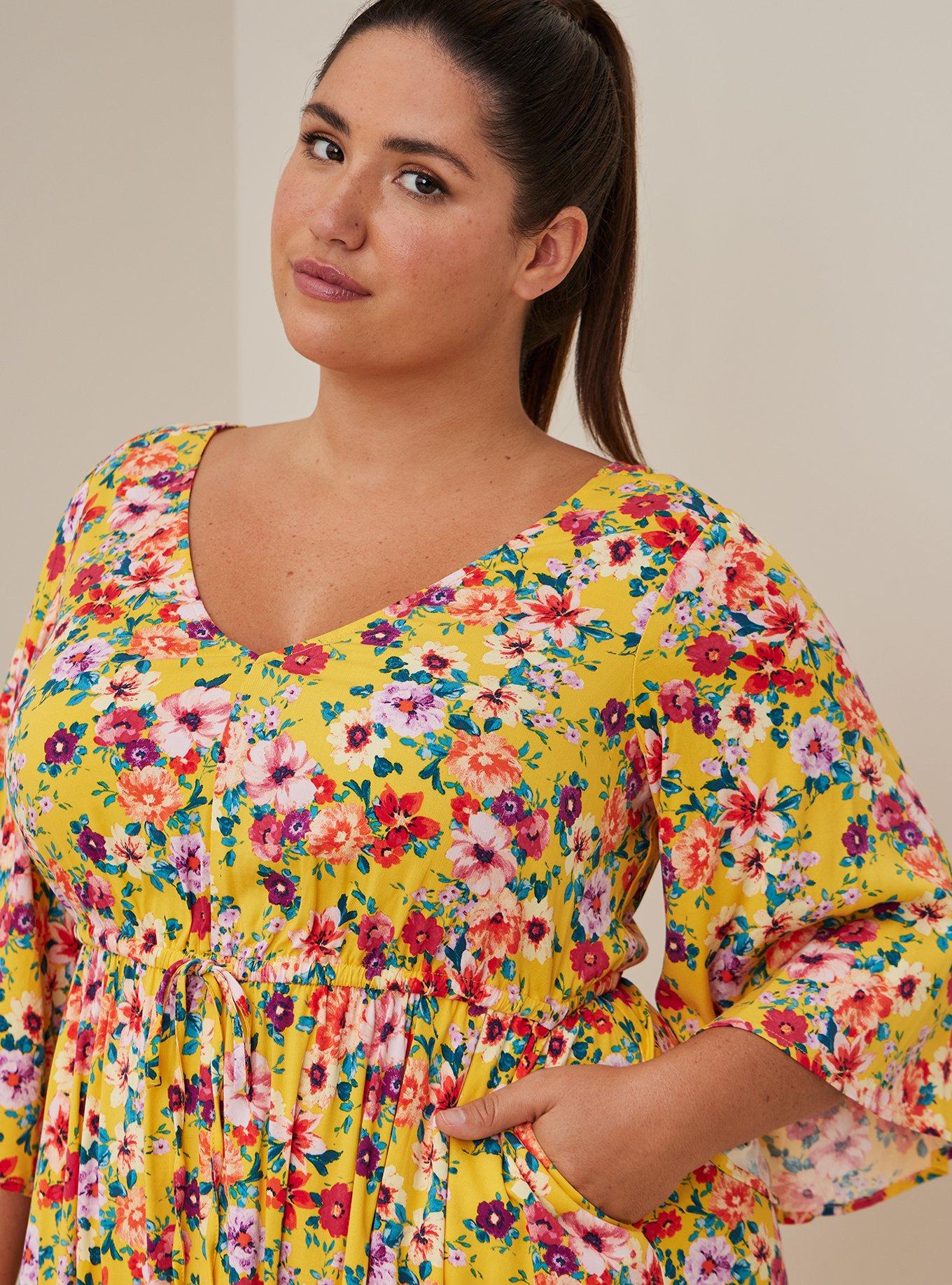 Plus Size Babydoll Dress - Stretch Challis Floral Yellow, FLORAL YELLOW, alternate