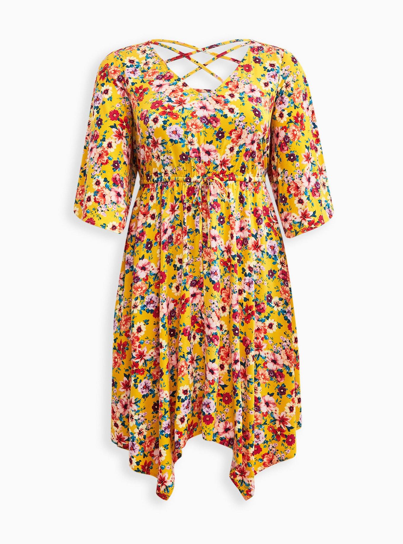 Plus Size Babydoll Dress - Stretch Challis Floral Yellow, , hi-res