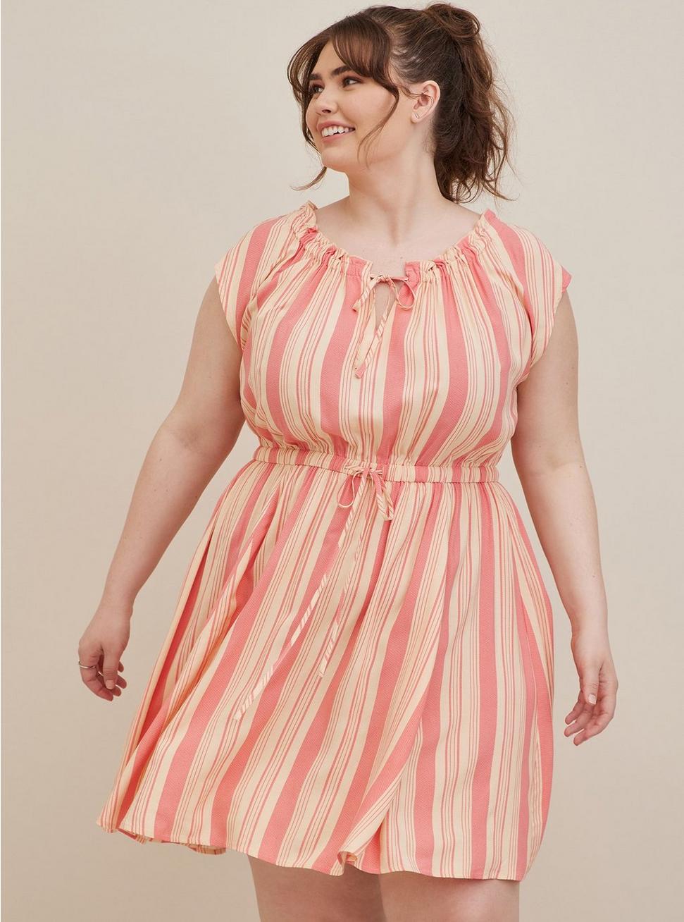 Plus Size Tie Front Mini Dress - Challis Stripes Pink, STRIPE PINK, alternate