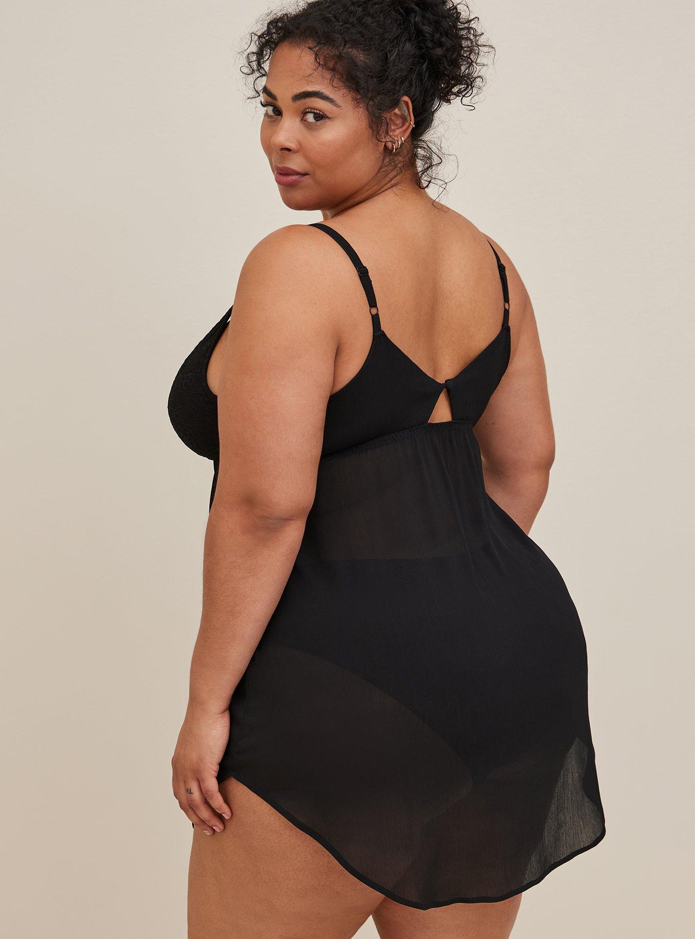 Cami Sleep Dress - Chiffon & Lace Black, BLACK, alternate