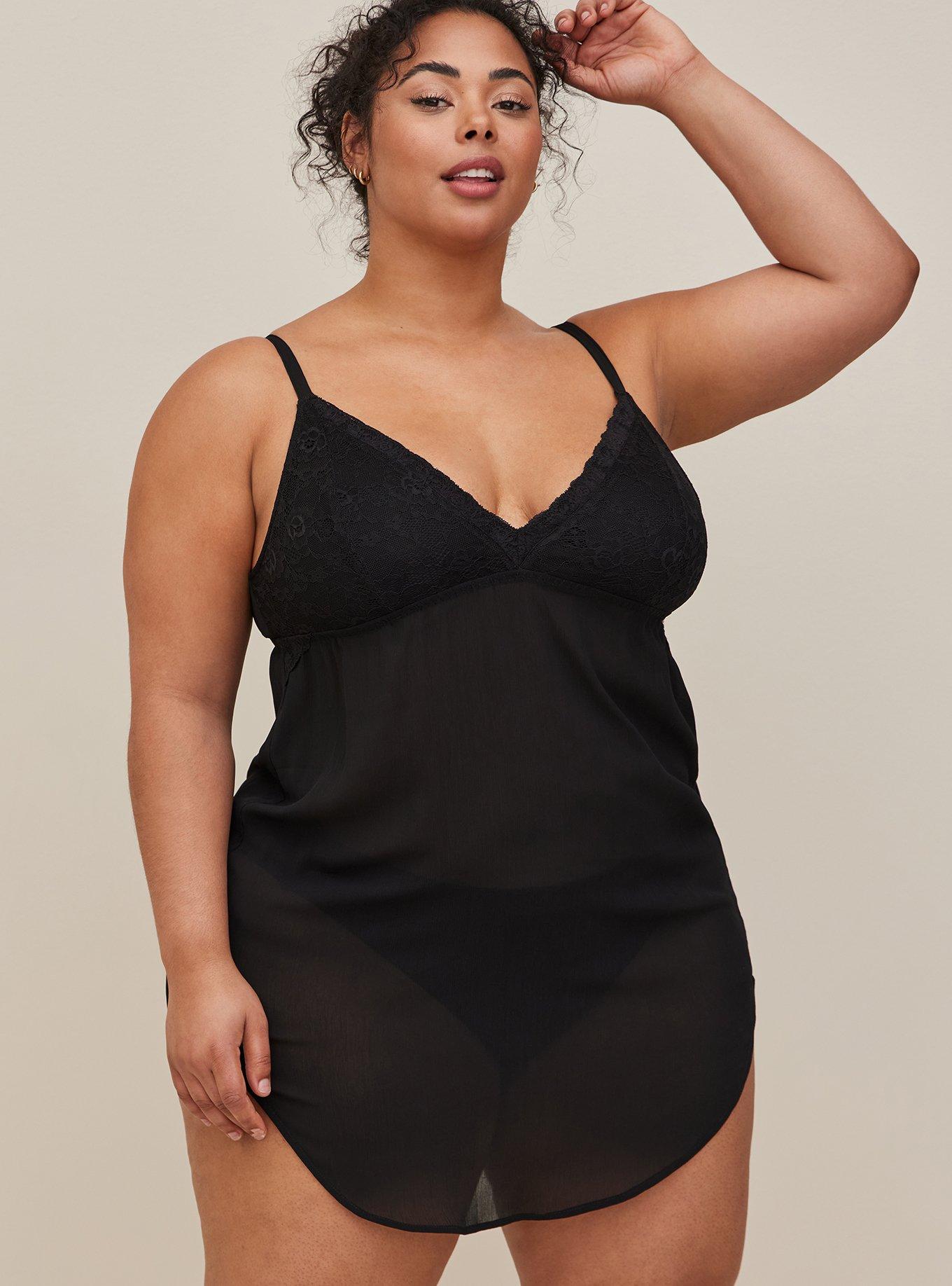 Cami Sleep Dress - Chiffon & Lace Black, BLACK, hi-res