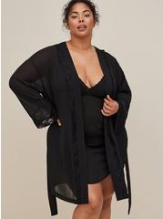 Plus Size Lace Trim Sleep Robe - Chiffon & Lace Black, BLACK, alternate