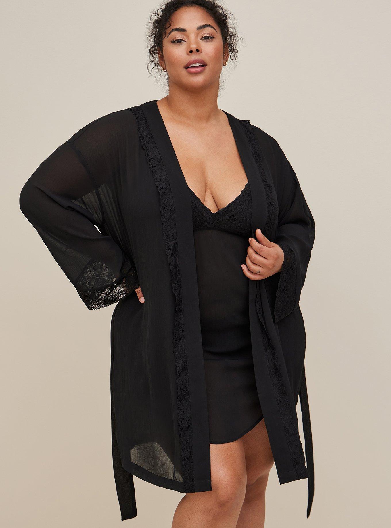Lace Trim Sleep Robe - Chiffon & Lace Black, BLACK, alternate