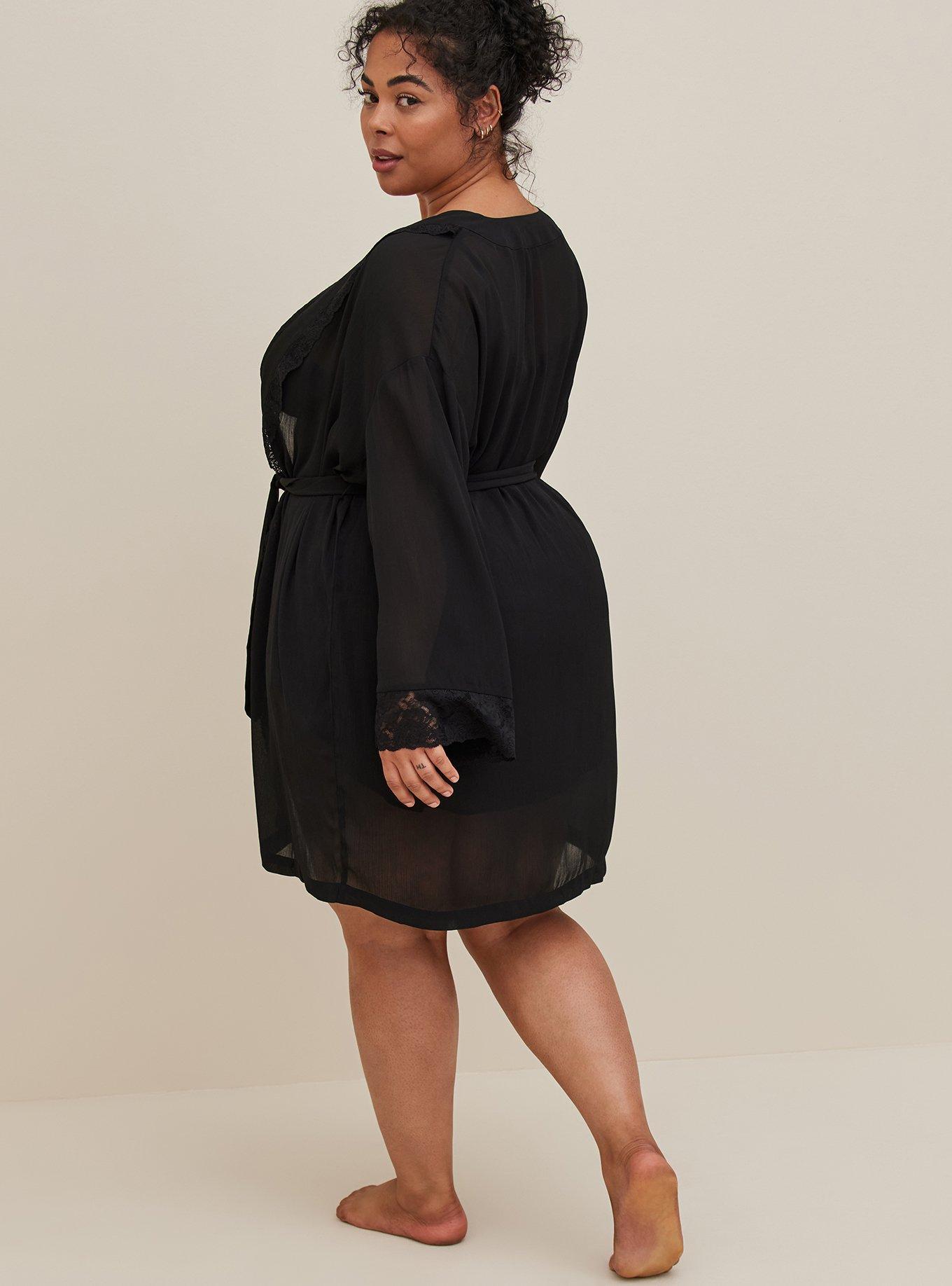 Lace Trim Sleep Robe - Chiffon & Lace Black, BLACK, alternate