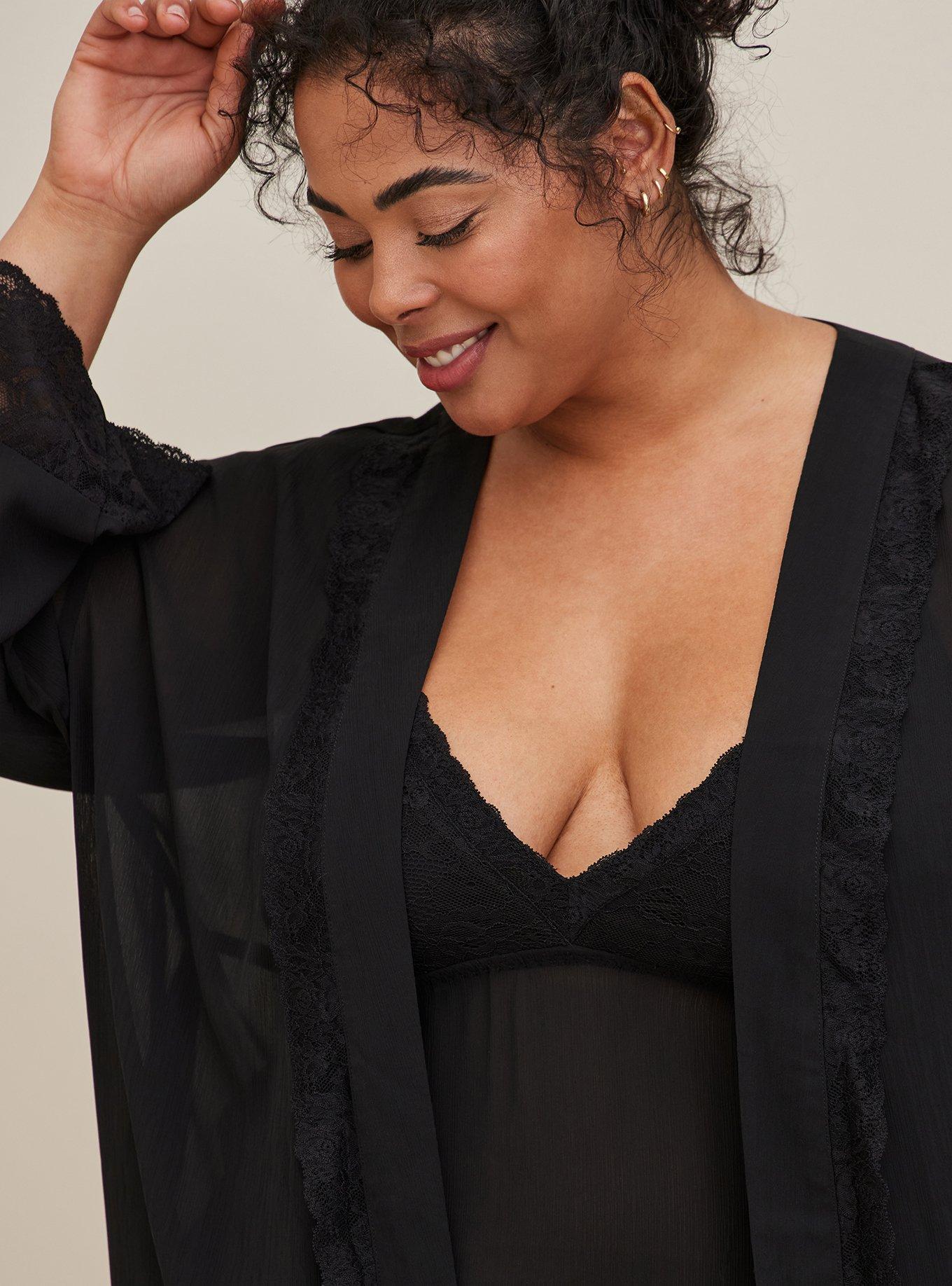 Lace Trim Sleep Robe - Chiffon & Lace Black, BLACK, alternate