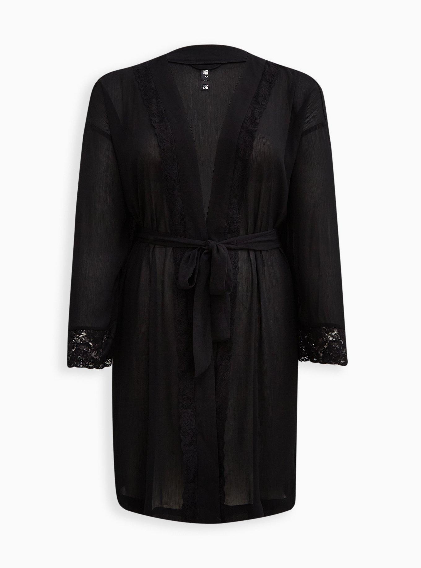 Lace Trim Sleep Robe - Chiffon & Lace Black, BLACK, hi-res