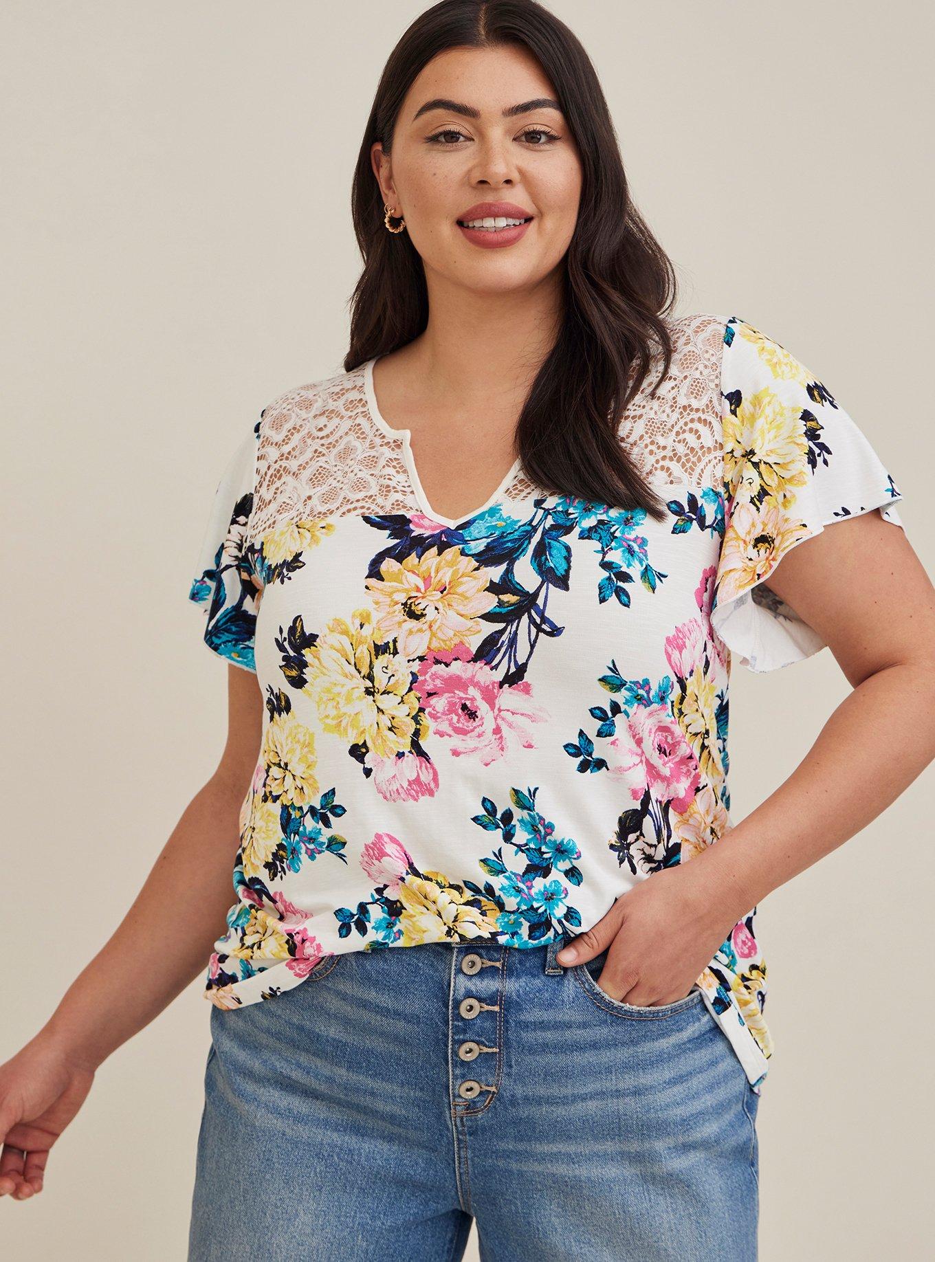 Plus Size - Knit Jersey Slub Lace Yoke Flutter Sleeve Top