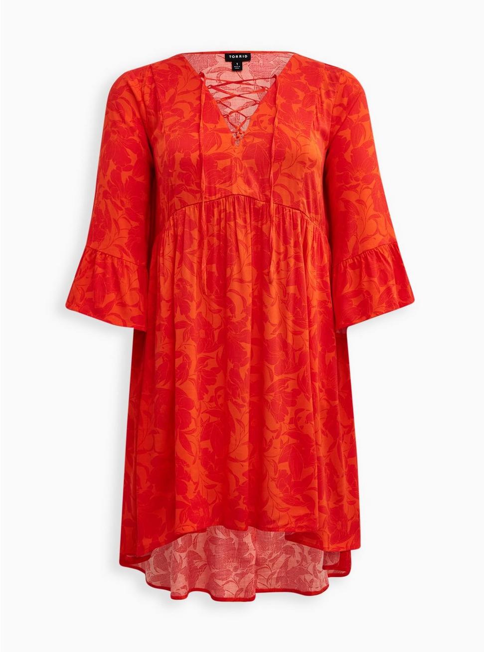 Lace Up Hi-Low Babydoll Dress - Stretch Challis Floral Orange, FLORAL ORANGE, hi-res