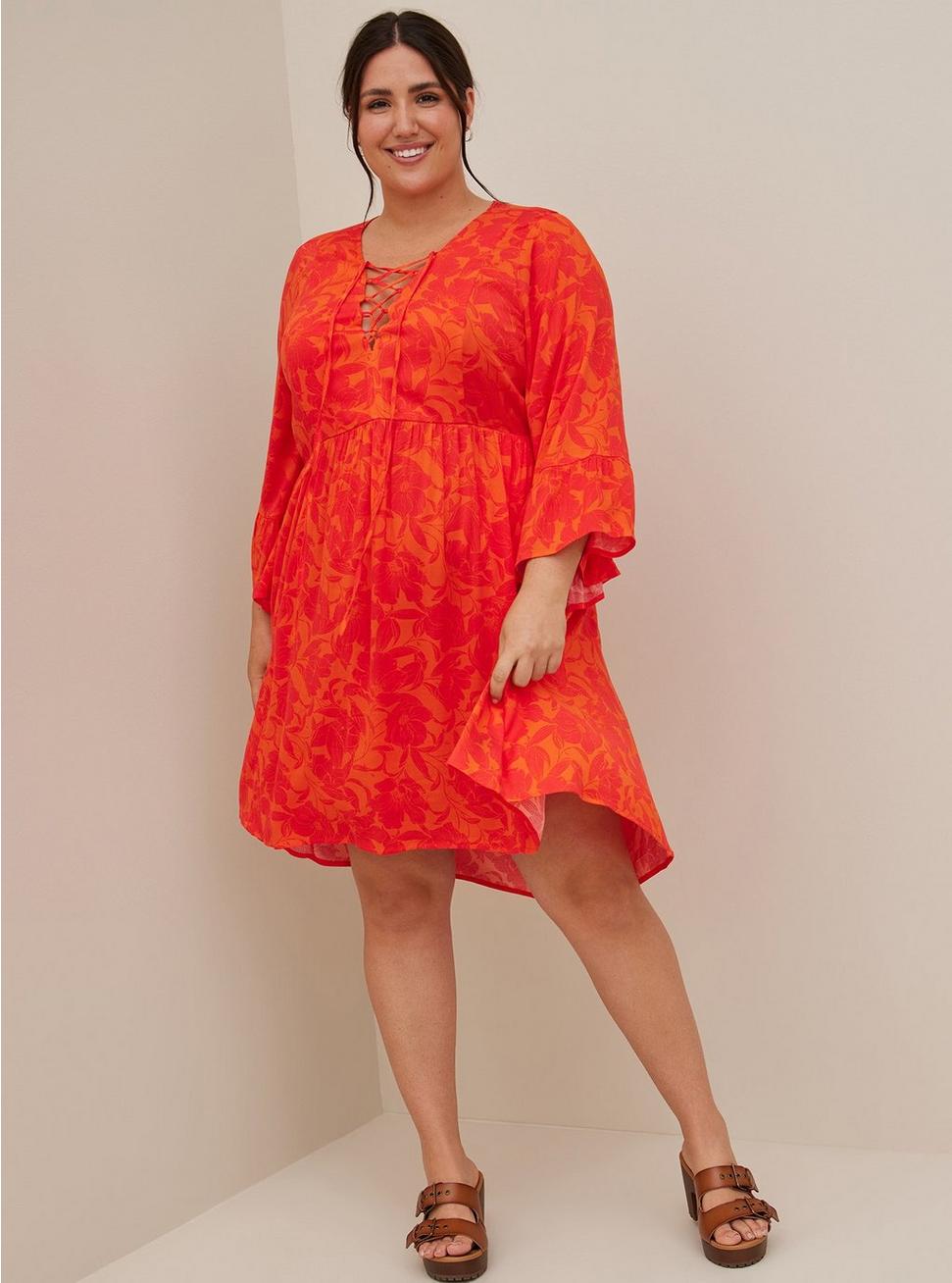 Lace Up Hi-Low Babydoll Dress - Stretch Challis Floral Orange, FLORAL ORANGE, hi-res