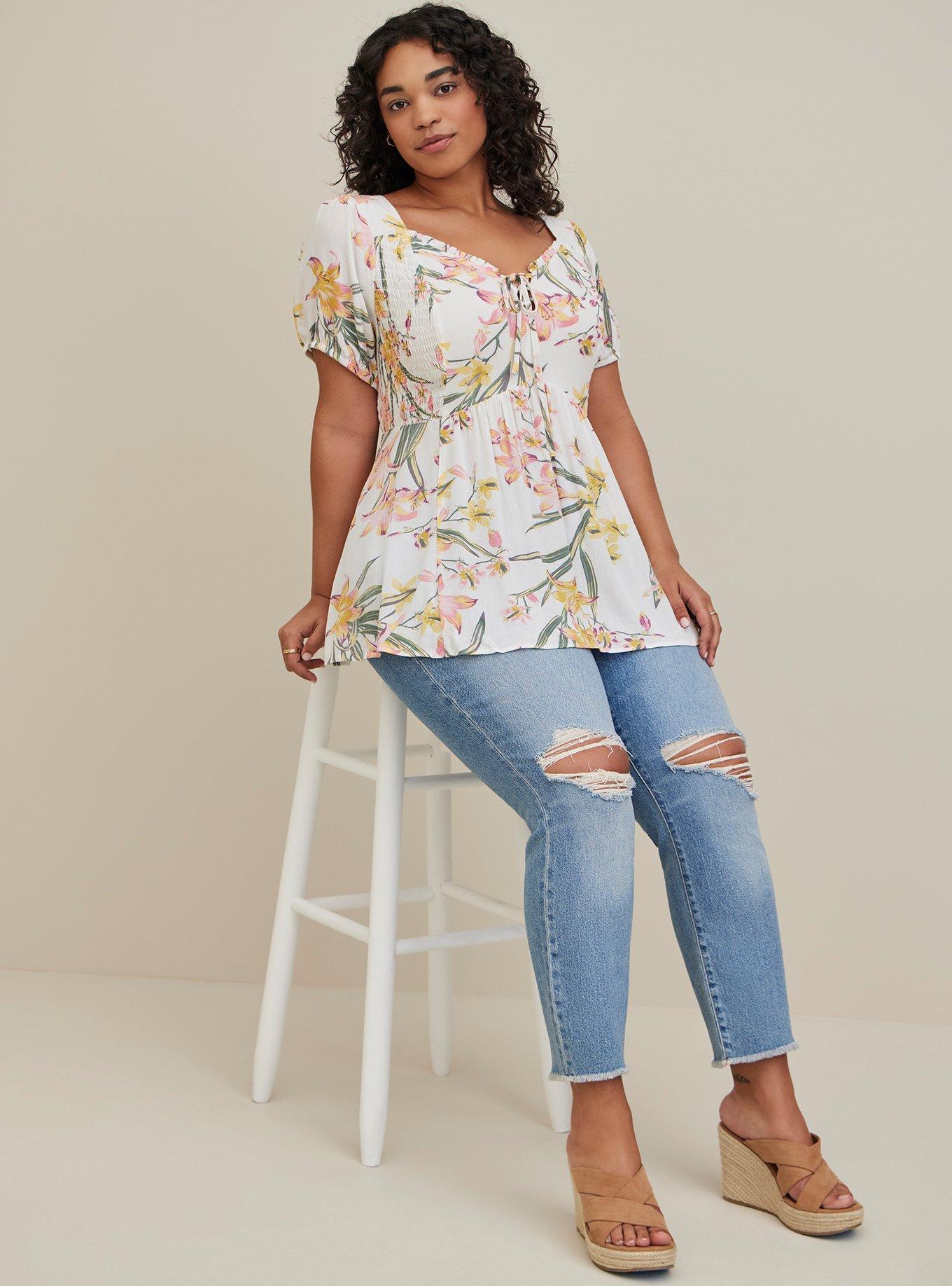 Plus Size Babydoll Crinkle Gauze Smocked Back Puff Sleeve Top, FLORAL WHITE, alternate