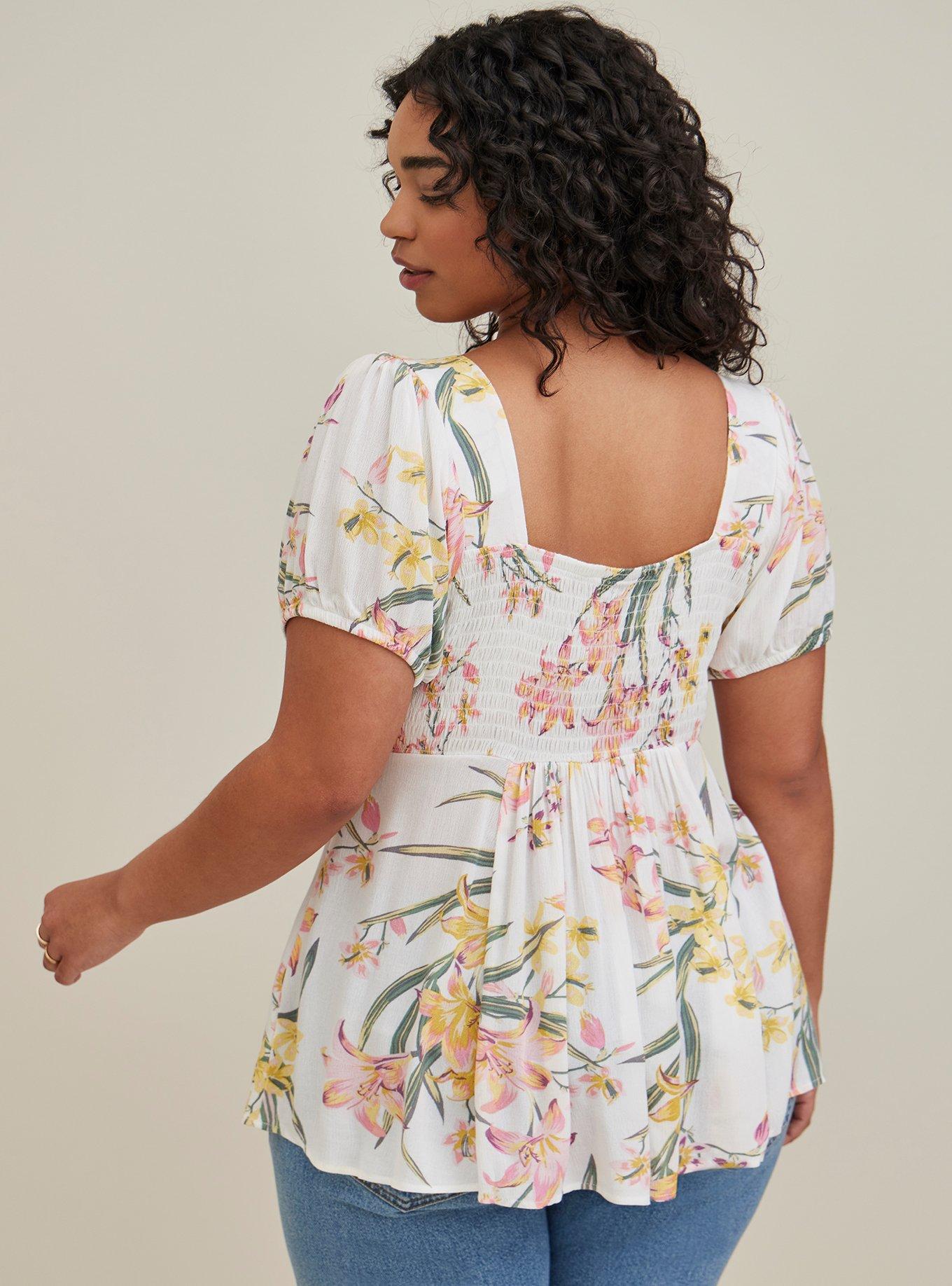 Plus Size Babydoll Crinkle Gauze Smocked Back Puff Sleeve Top, FLORAL WHITE, alternate