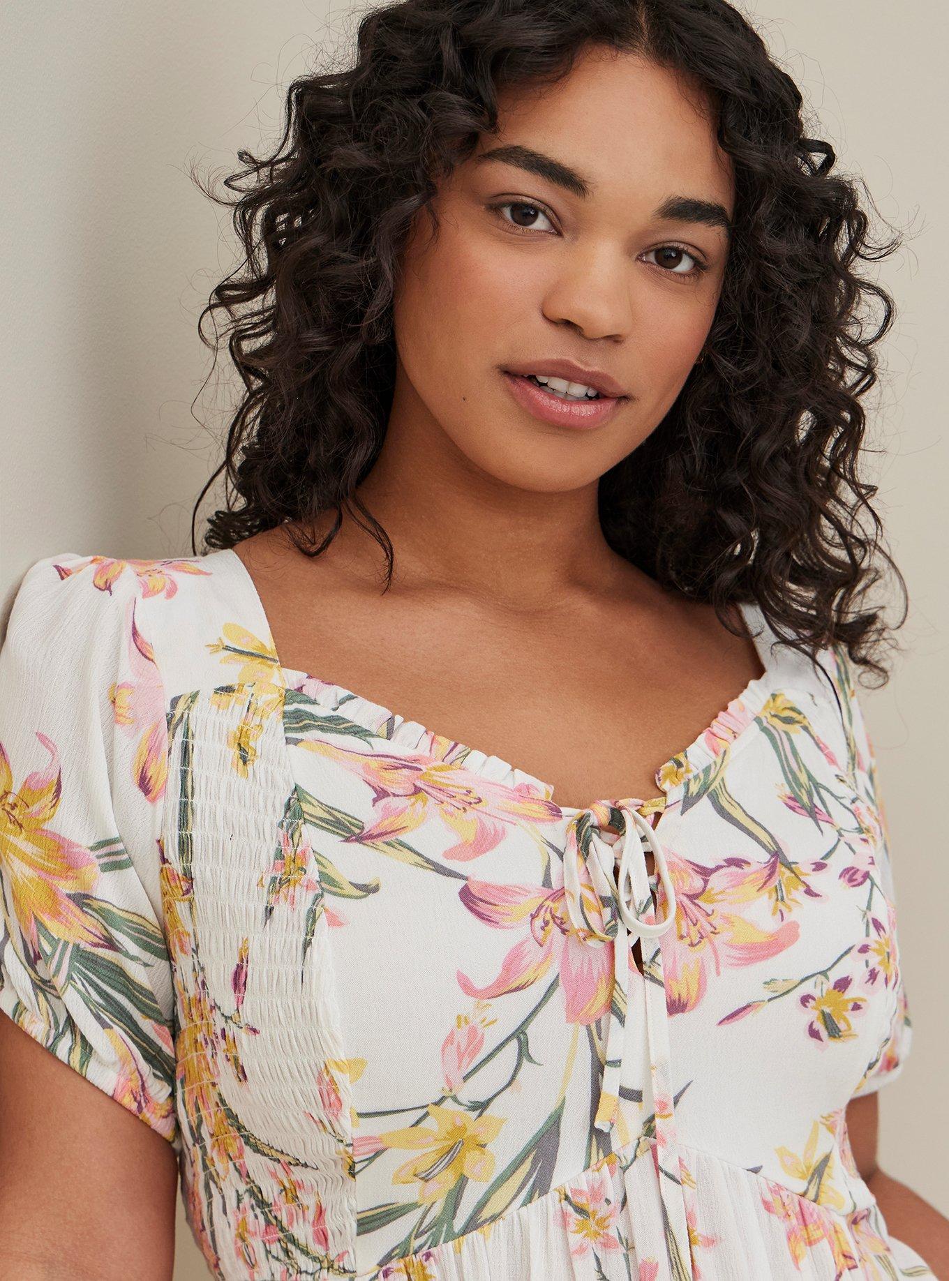 Plus Size Babydoll Crinkle Gauze Smocked Back Puff Sleeve Top, FLORAL WHITE, alternate