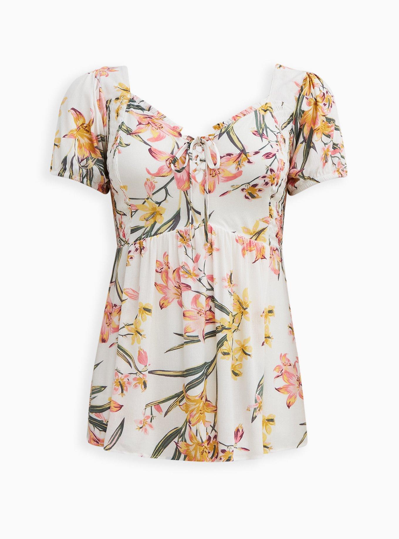 Plus Size Babydoll Crinkle Gauze Smocked Back Puff Sleeve Top, FLORAL WHITE, hi-res