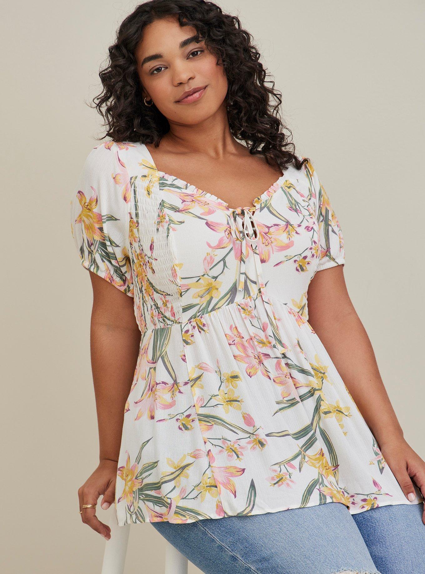 Plus Size Babydoll Crinkle Gauze Smocked Back Puff Sleeve Top, FLORAL WHITE, hi-res