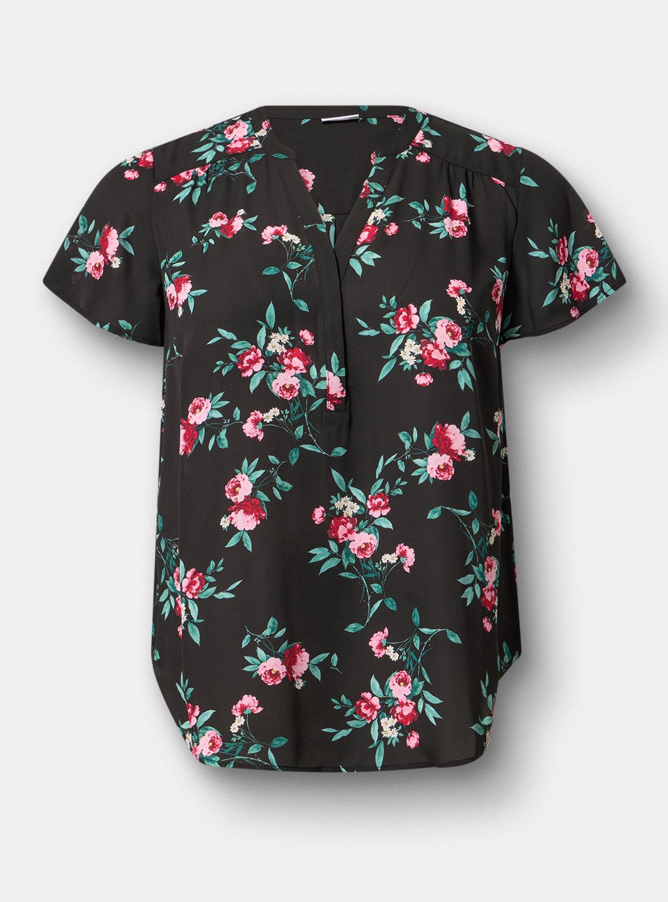 Harper Flutter Sleeve Blouse, CHEERFUL ROSES FLORAL BLACK, flat