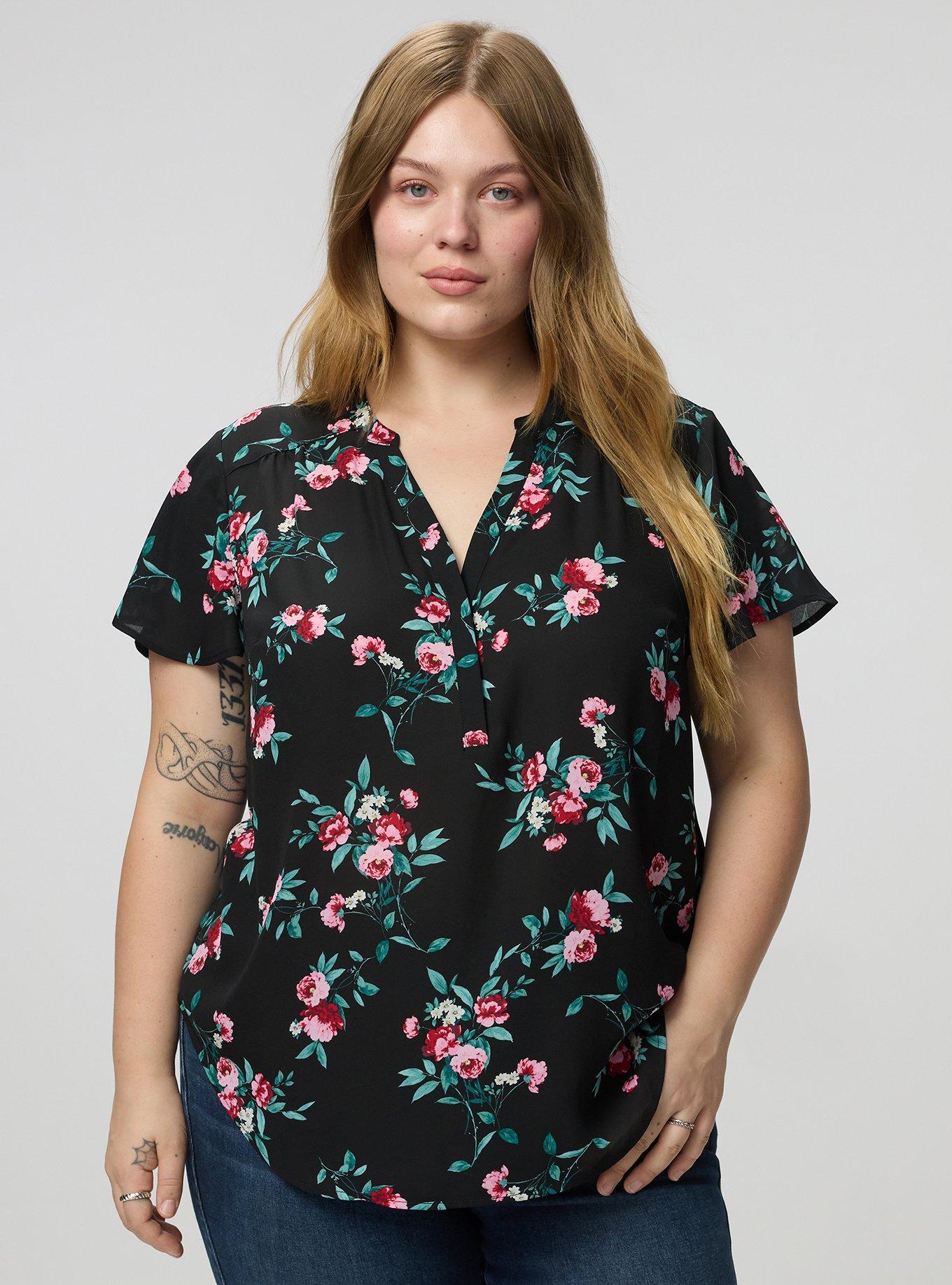 Harper Flutter Sleeve Blouse, CHEERFUL ROSES FLORAL BLACK, hi-res