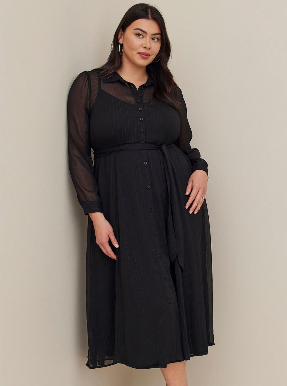 Plus Size Maxi Woven Shirt Dress, DEEP BLACK, alternate
