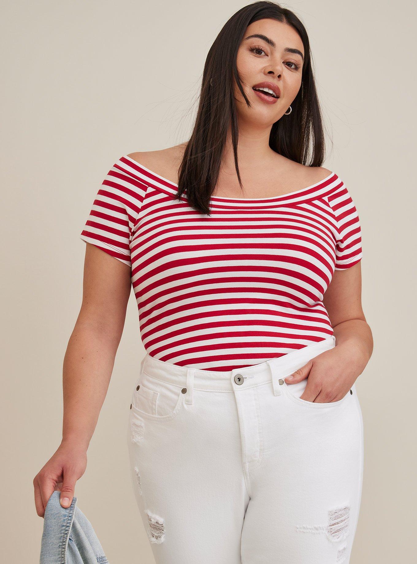 Off-Shoulder Top - Foxy Stripe Red, RED, hi-res