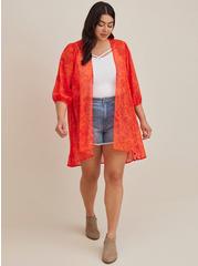 Blouson Sleeve Kimono - Clip Dot Chiffon Red, FLORAL ORANGE, alternate