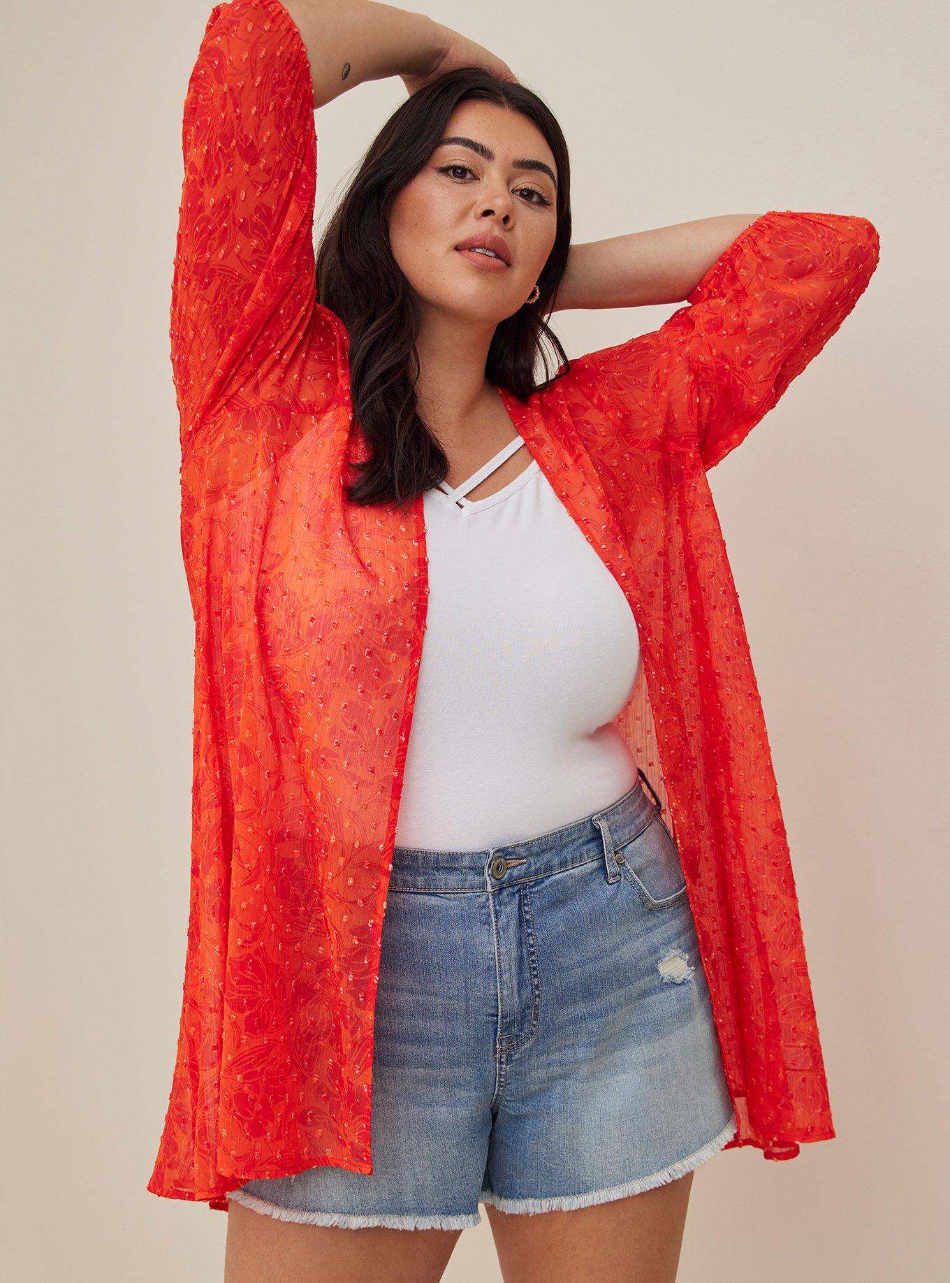 Plus Size - Blouson Sleeve Kimono - Clip Dot Chiffon Red - Torrid