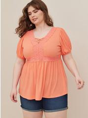 Plus Size Babydoll Textured Knit Strappy Short Sleeve Top, CORAL, alternate