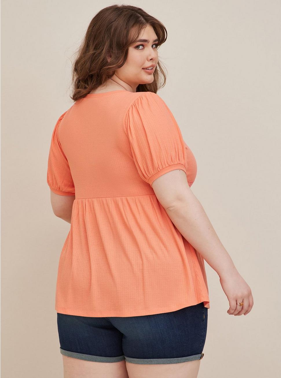 Plus Size Babydoll Textured Knit Strappy Short Sleeve Top, CORAL, alternate