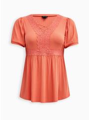 Plus Size Babydoll Textured Knit Strappy Short Sleeve Top, CORAL, hi-res